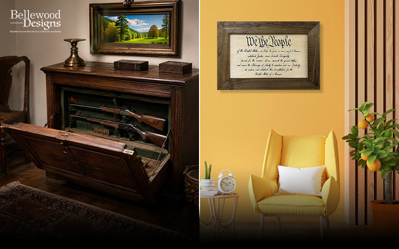 Bellewood Designs concealment cabinet with hidden rifles and guns beside framed wall art décor