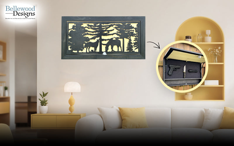 Bellewood Designs wildlife wall art hiding pistol, knife, and flashlight that opens in one second