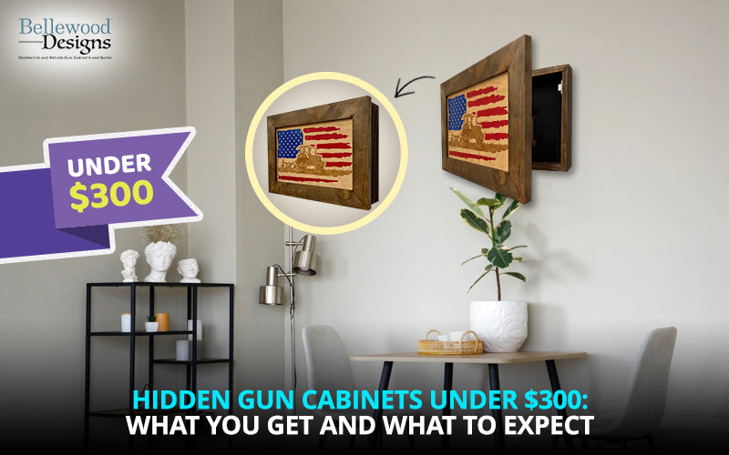 Bellewood Designs American flag hidden gun cabinet under $300 mounted on wall with open compartment