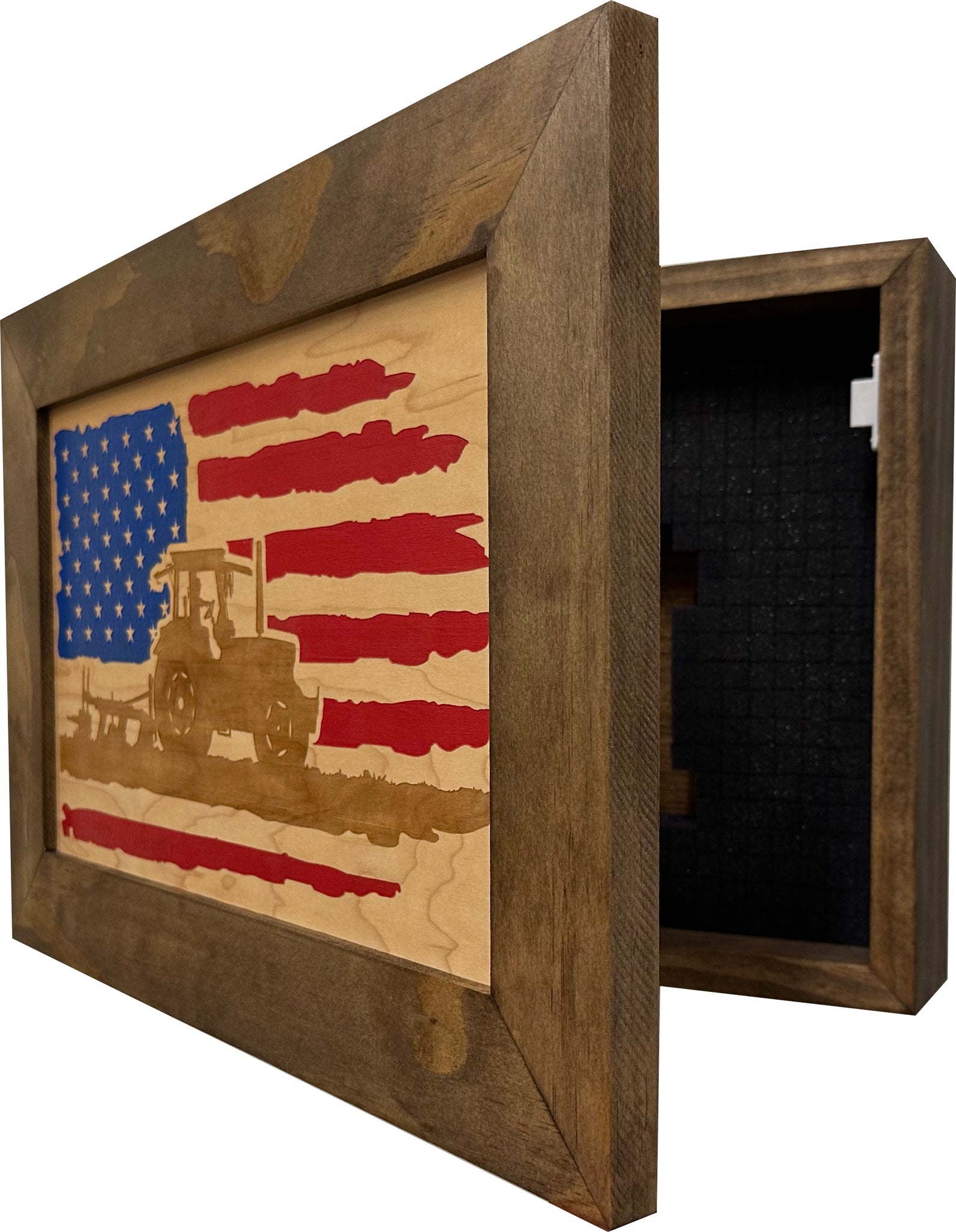 American Flag Farmer Wall Mounted Locking Hidden Gun Cabinet partial open