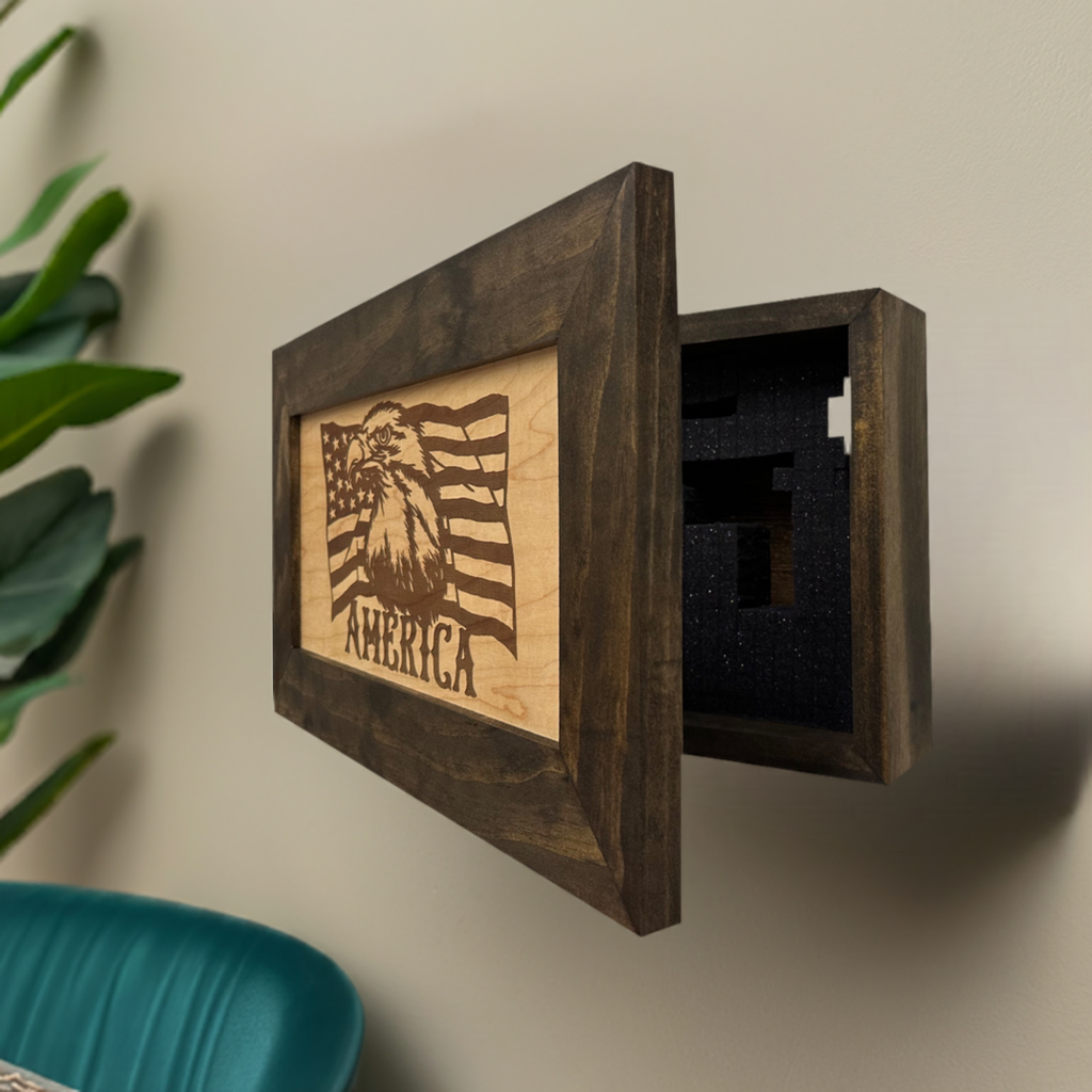 American Flag with Bald Eagle Wall-Mounted Gun Cabinet side look
