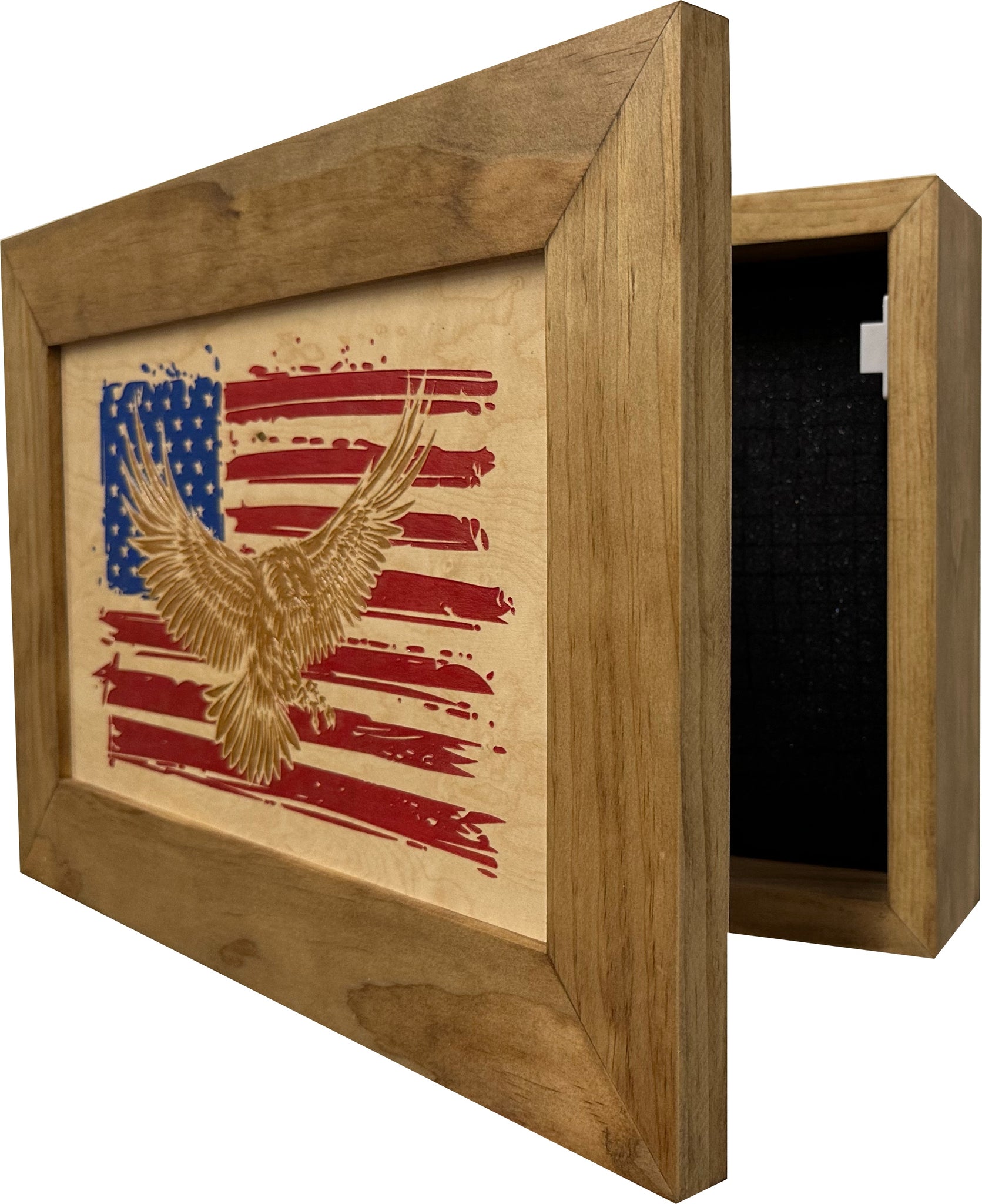 Bald Eagle & American Flag Wall-Mounted Secure Gun Cabinet Partial Open