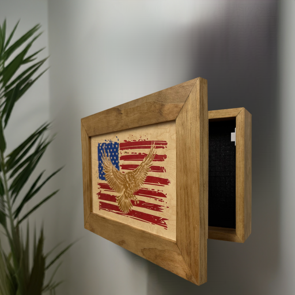Bald Eagle & American Flag Wall-Mounted Secure Gun Cabinet Side open