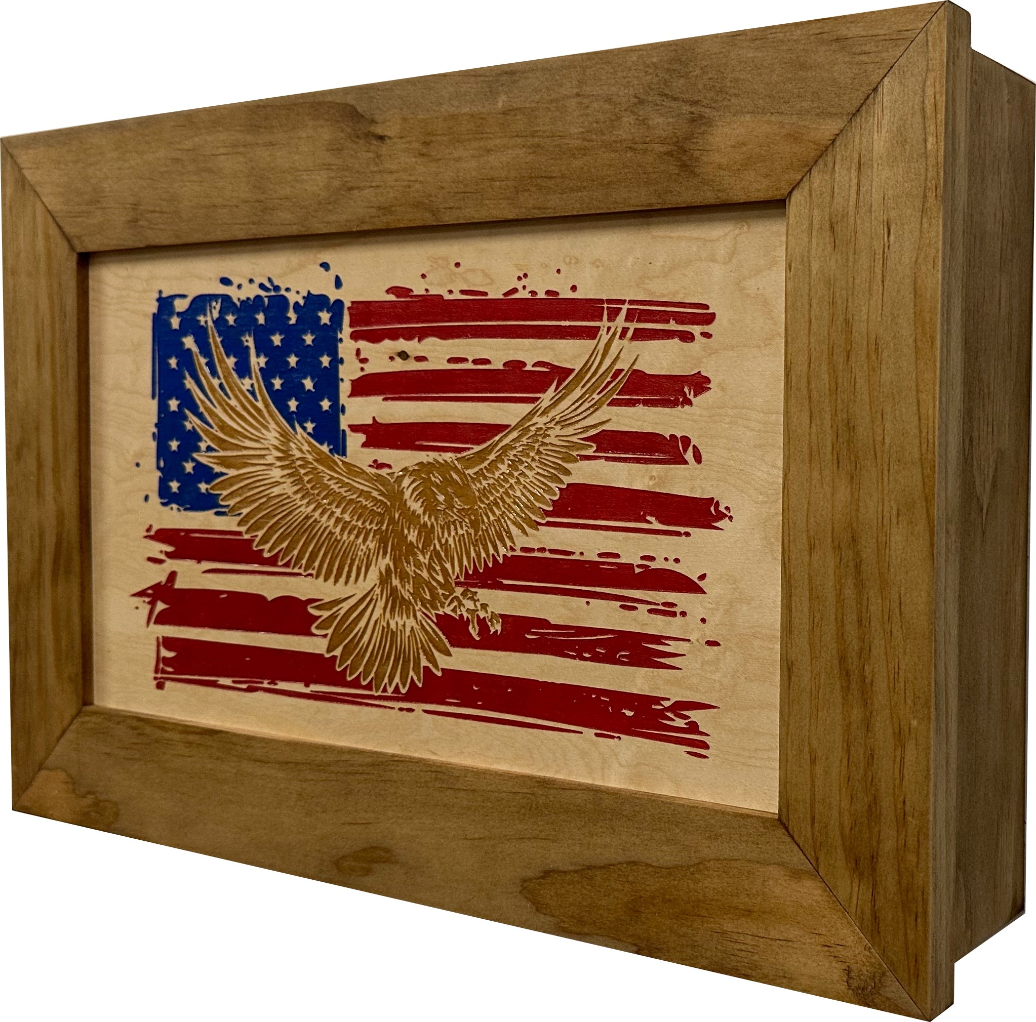 Bald Eagle & American Flag Wall-Mounted Secure Gun Cabinet side look