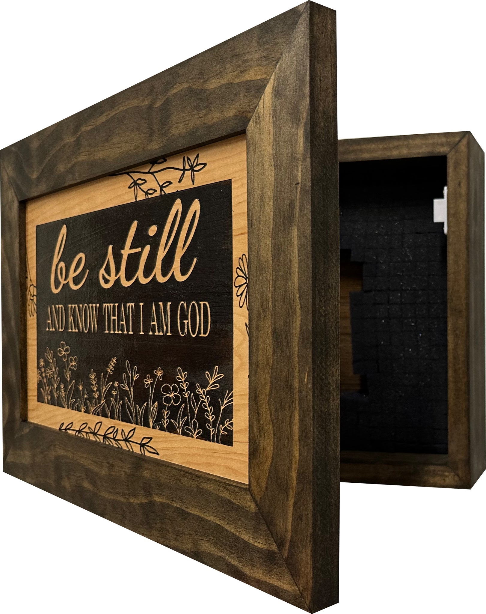 Be Still and Know That I am God Psalm 46:10 Hidden Gun Safe partial open