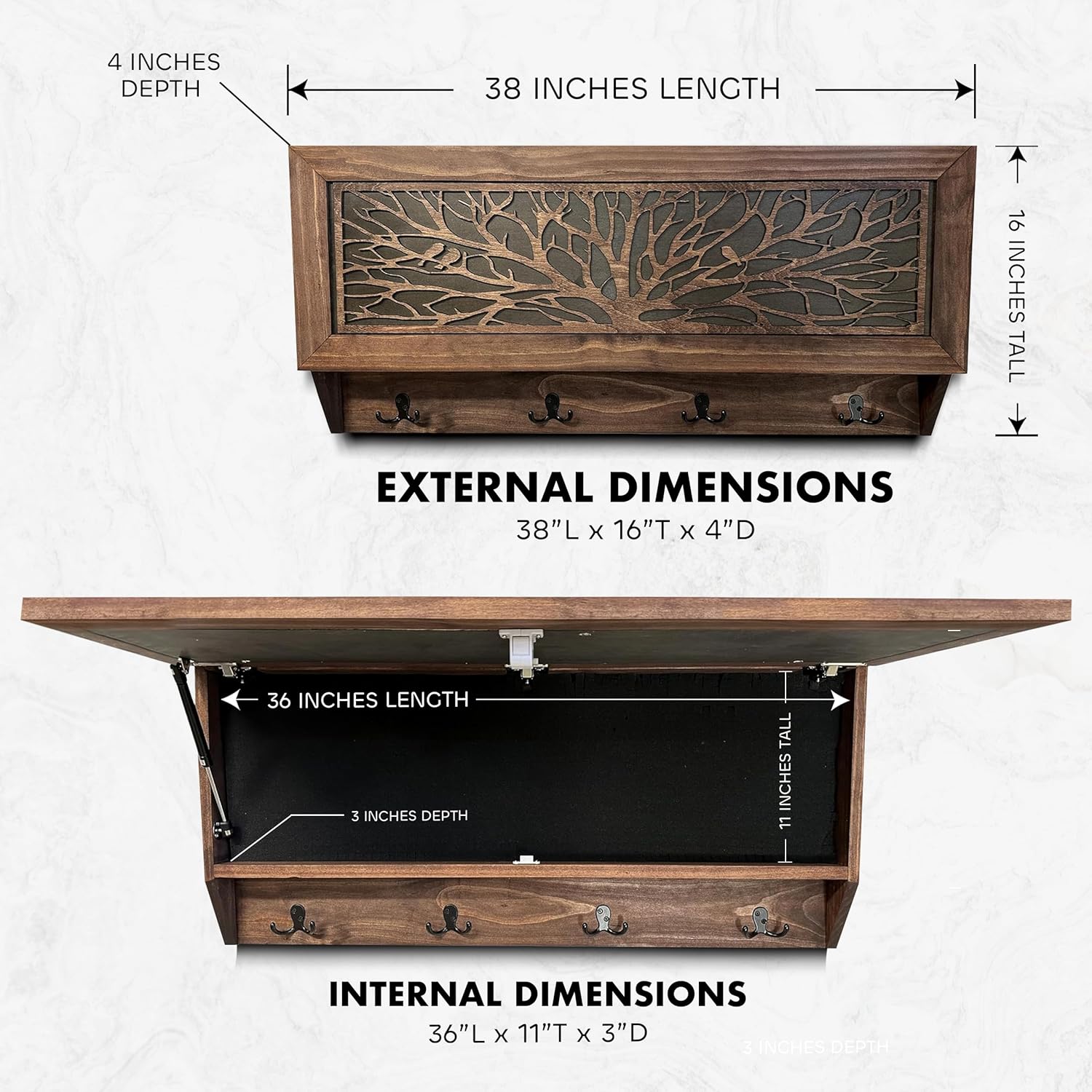 Birds in a Tree Large Hidden Gun Concealment Coat Rack with internal and external dimensions