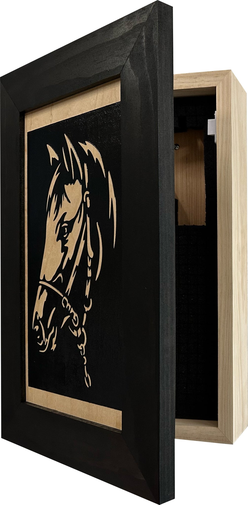Black Horse Wall Art Decoration Hidden Gun Cabinet with partial open