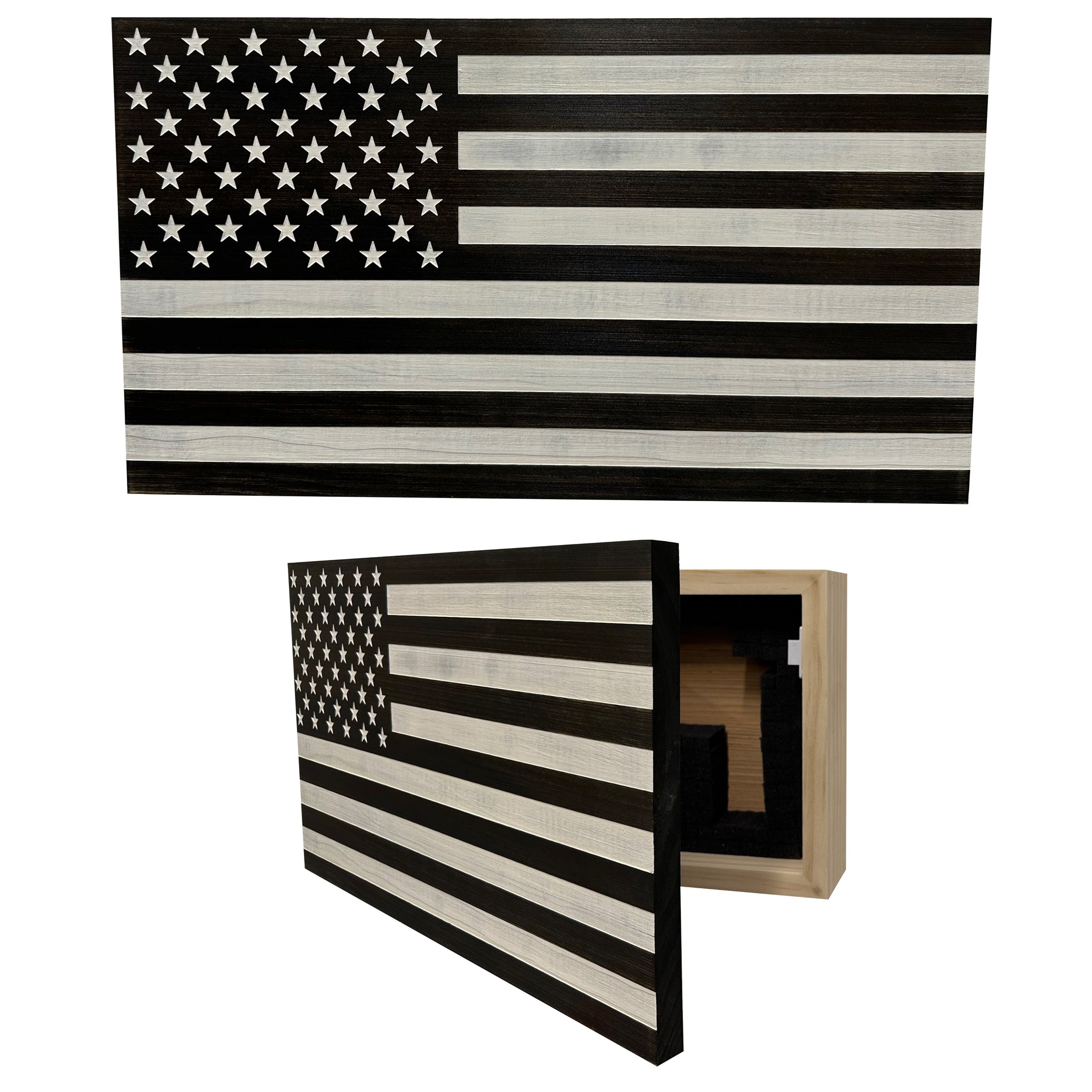 Black & White Distressed American Flag Wall-Mounted Gun Cabinet