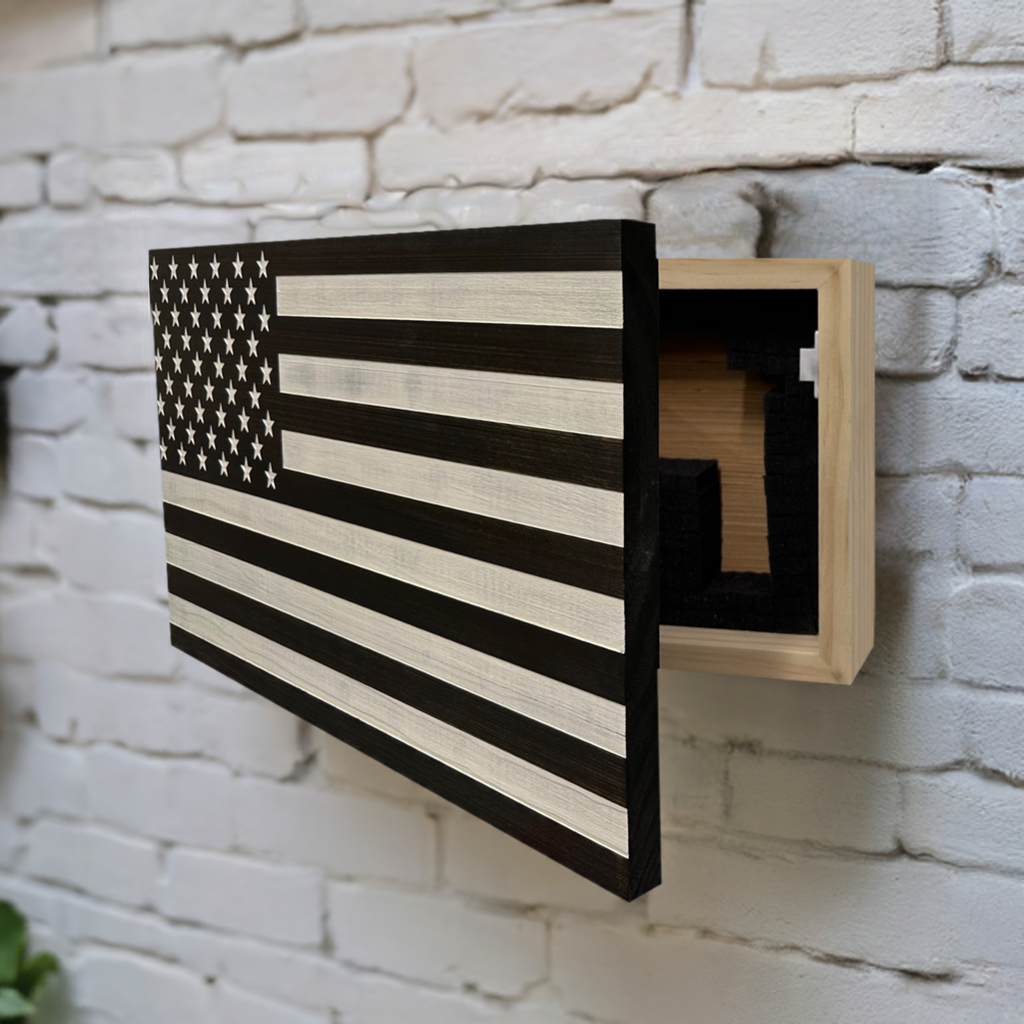 Black & White Distressed American Flag Wall-Mounted Gun Cabinet Side View