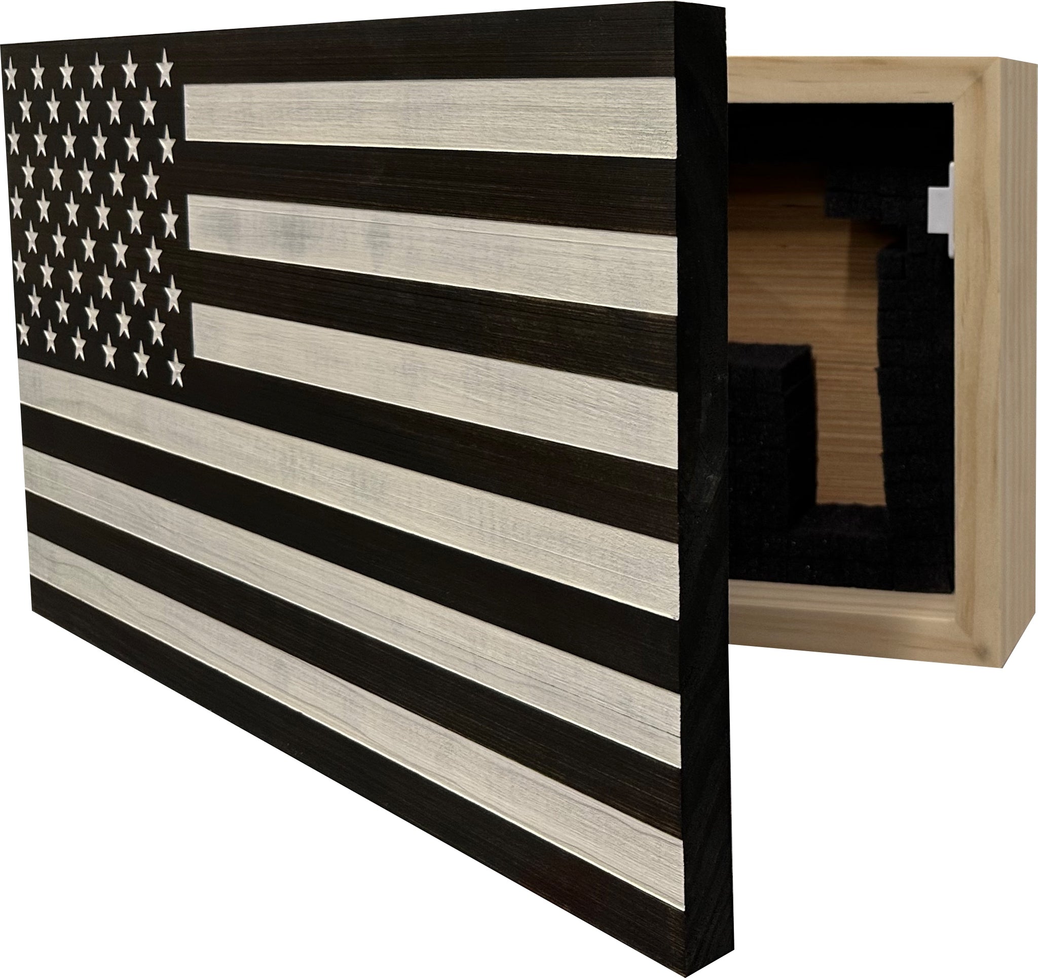 Black & White Distressed American Flag Wall-Mounted Gun Cabinet partial open