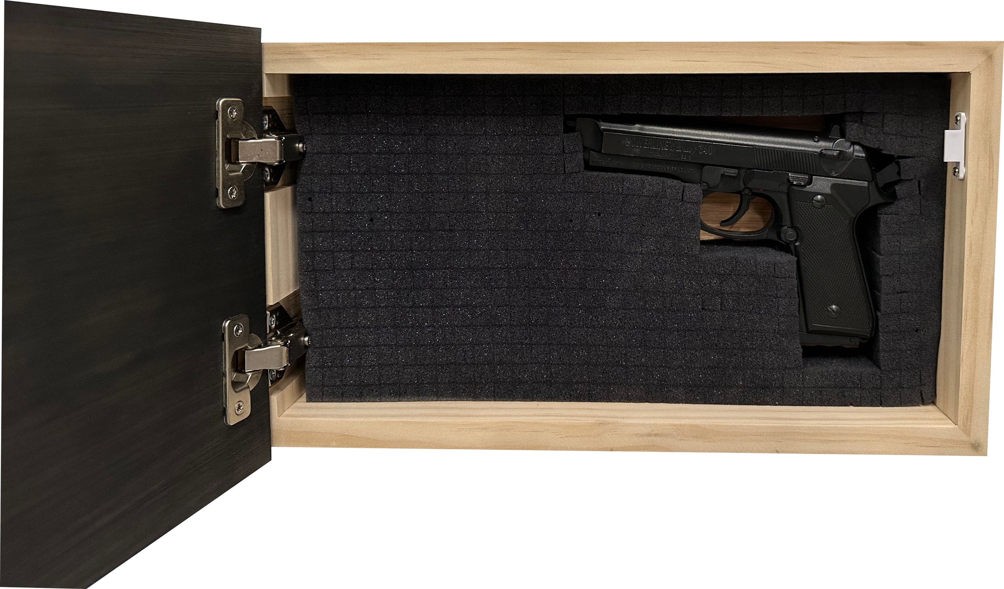 Black & White Distressed American Flag Wall-Mounted Gun Cabinet with gun inside