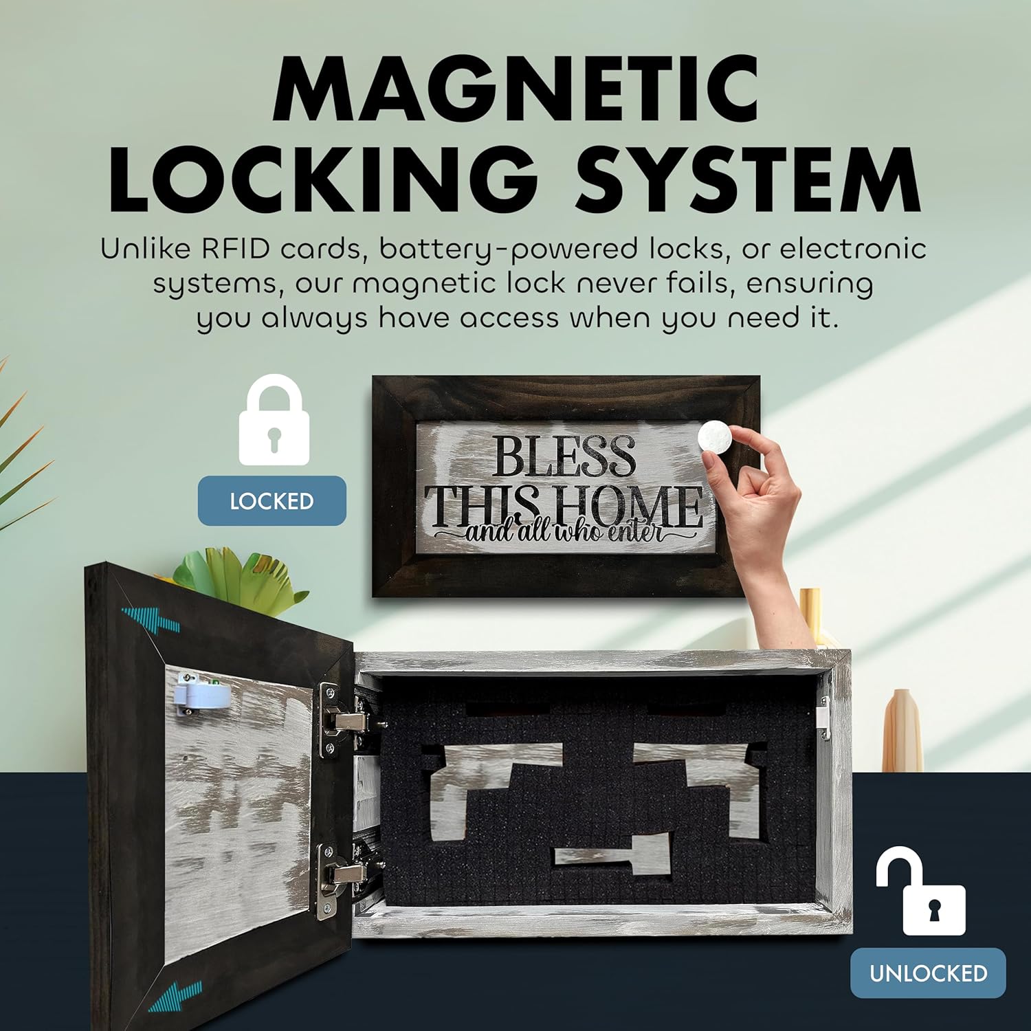 Bless This Home Hidden Gun Storage Wall Cabinet with magnetic locking system