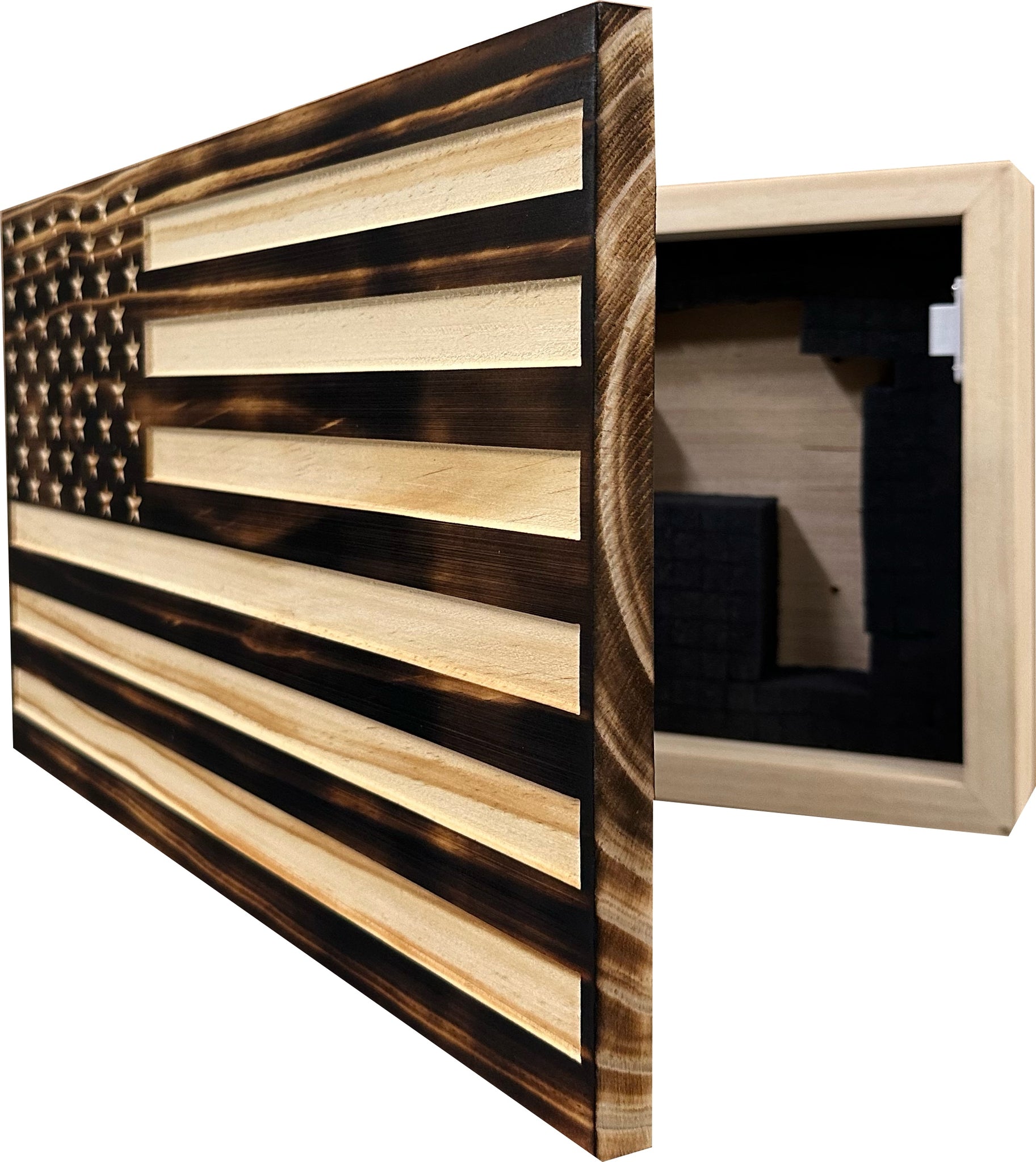 Burnt American Flag Decorative Hidden Gun Storage Cabinet Partial Open