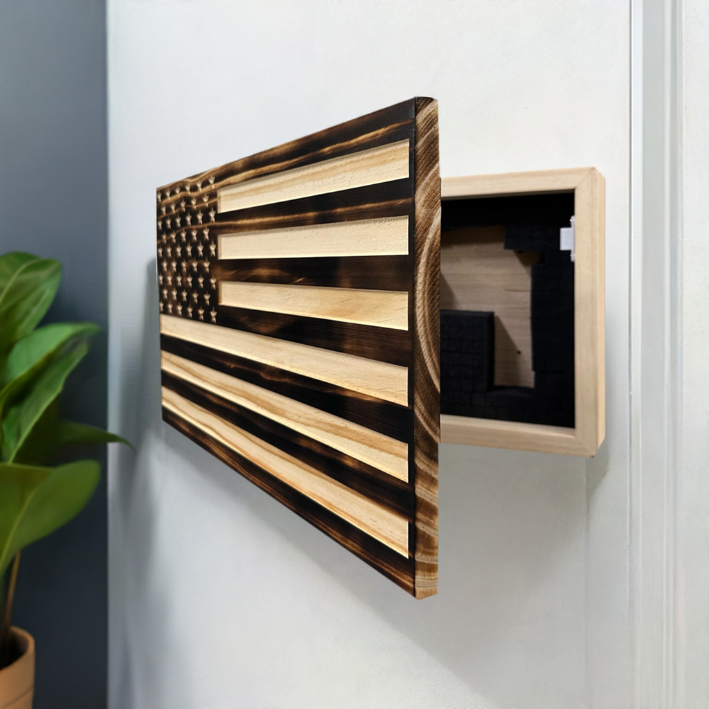 Burnt American Flag Decorative Hidden Gun Storage Cabinet Side Open