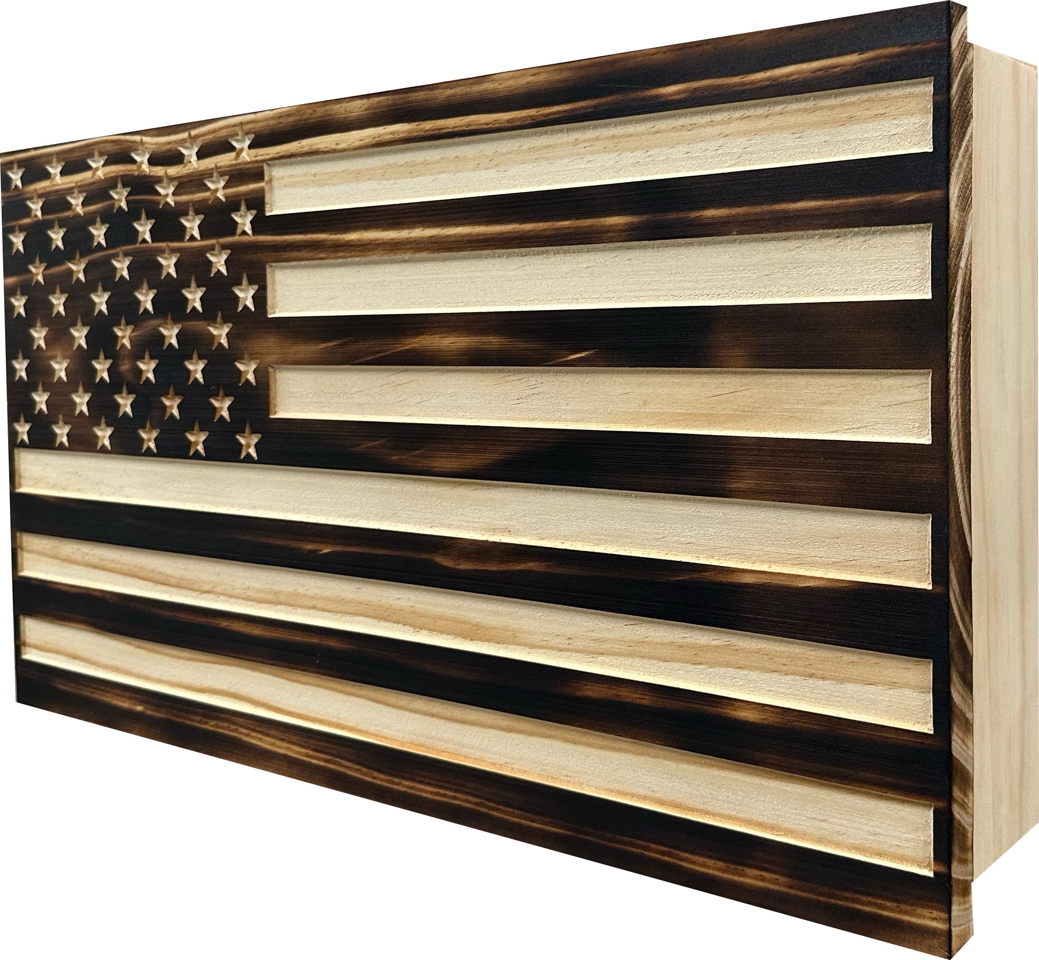 Burnt American Flag Decorative Hidden Gun Storage Cabinet Side View