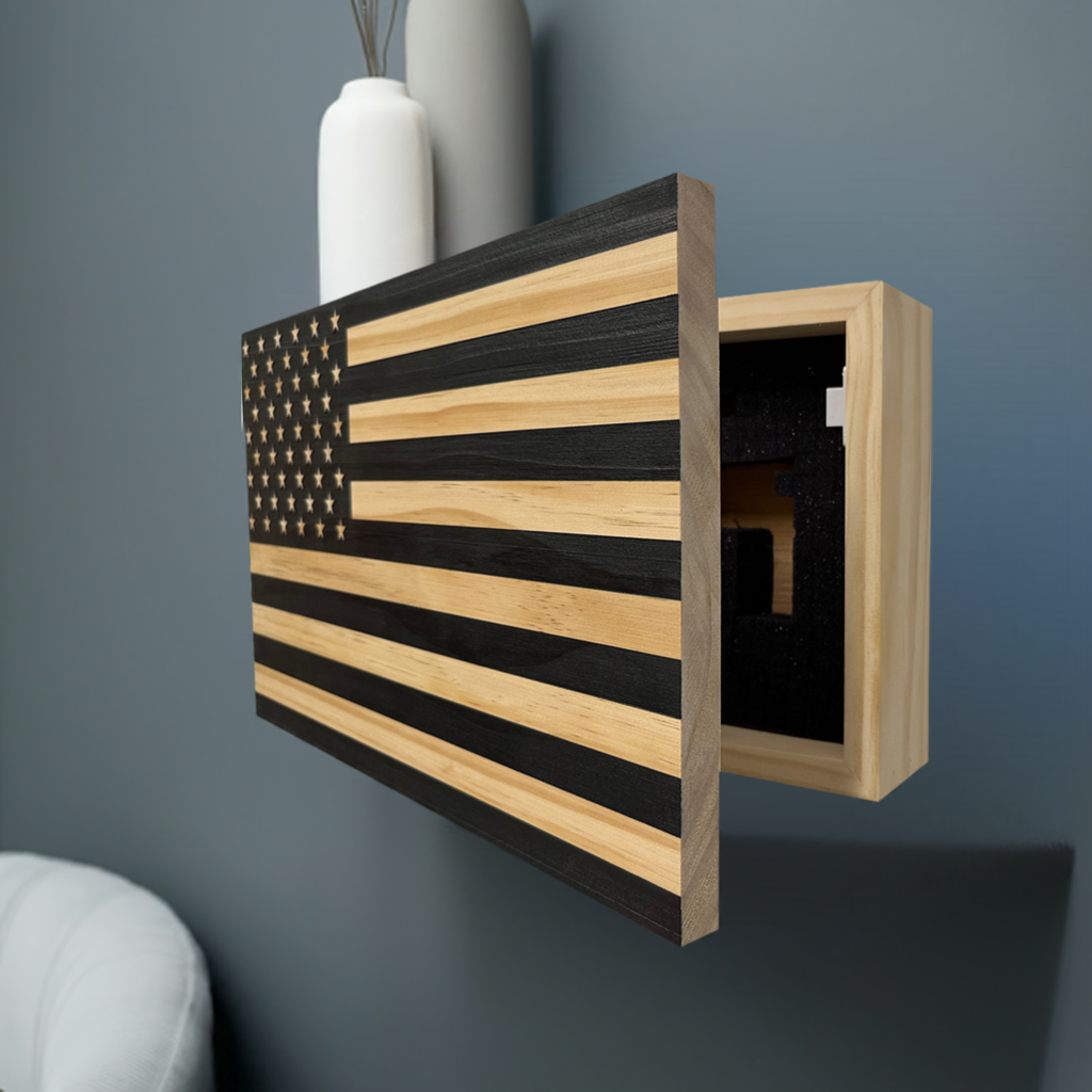 Carbon Gray American Flag Decorative Wall-Mounted Gun Cabinet partial open
