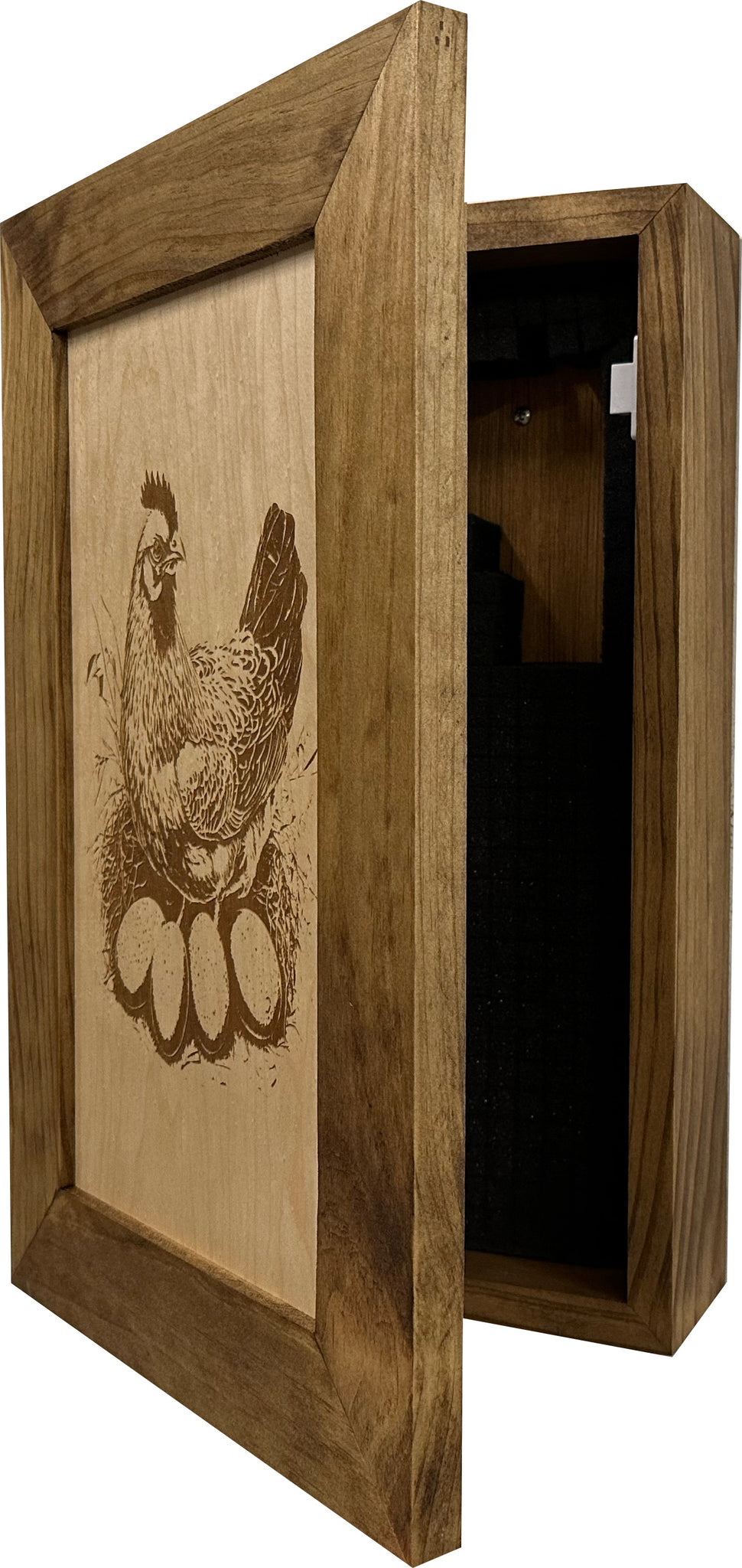 Chicken & Eggs Farmhouse Hidden Gun Safe | Wall Cabinet partial open