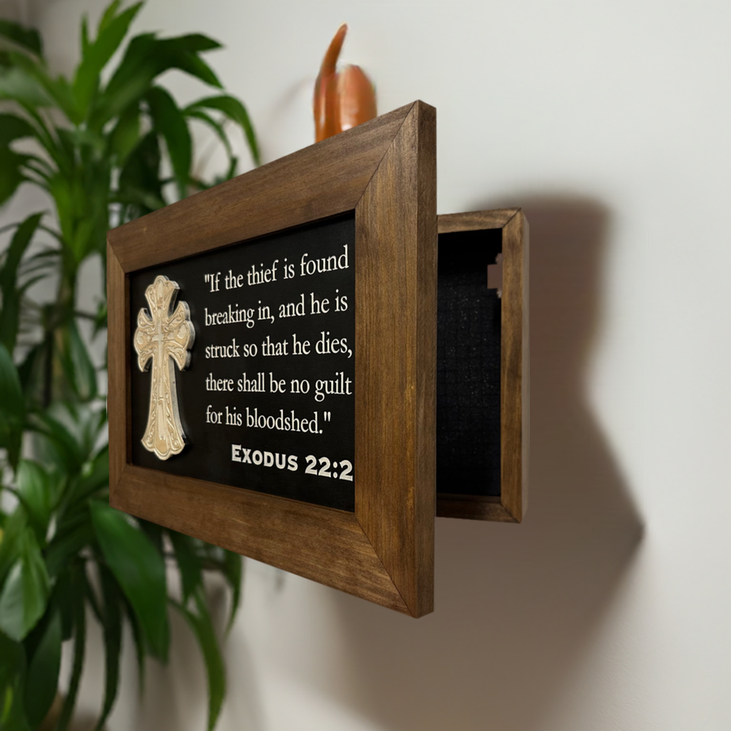 Cross & Exodus 22:2 Hidden Gun Storage Cabinet Wall Mounted Side View