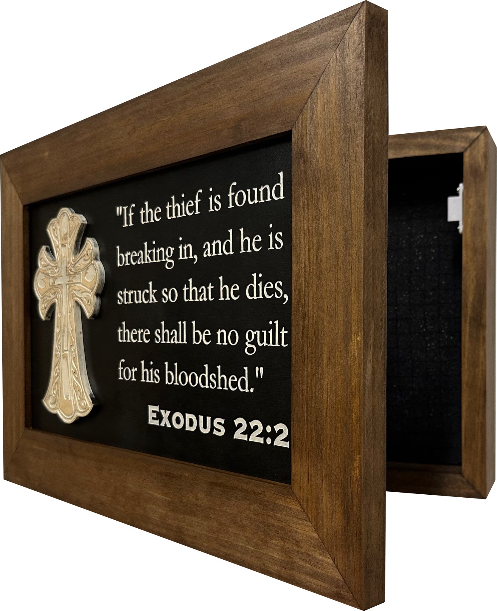 Cross & Exodus 22:2 Hidden Gun Storage Cabinet Wall Mounted partial open