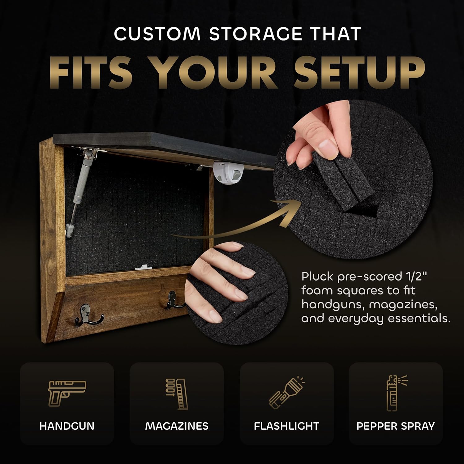 Customizable Watters Hidden Gun Shelf Storage Wall Cabinet with custom foam fit