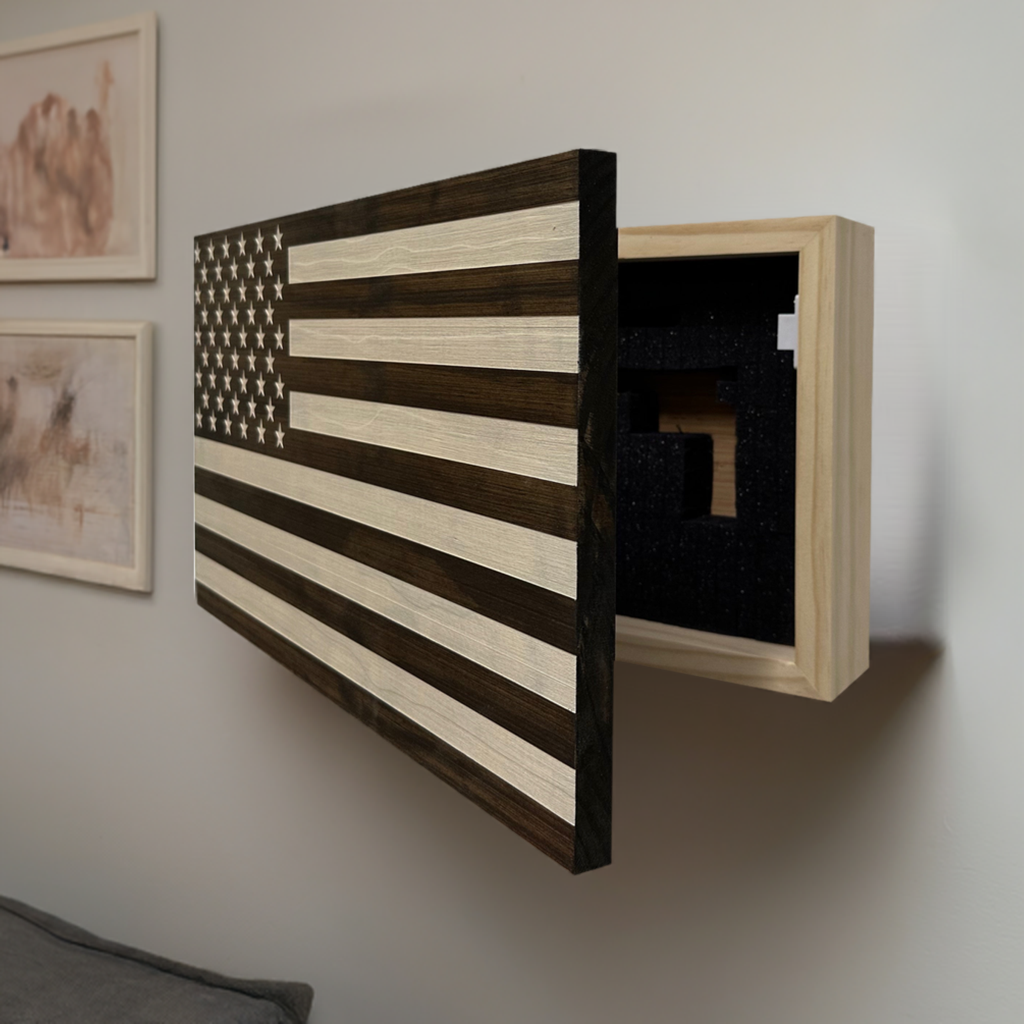 Dark Walnut American Flag Decorative Wall-Mounted Gun Cabinet Side Open