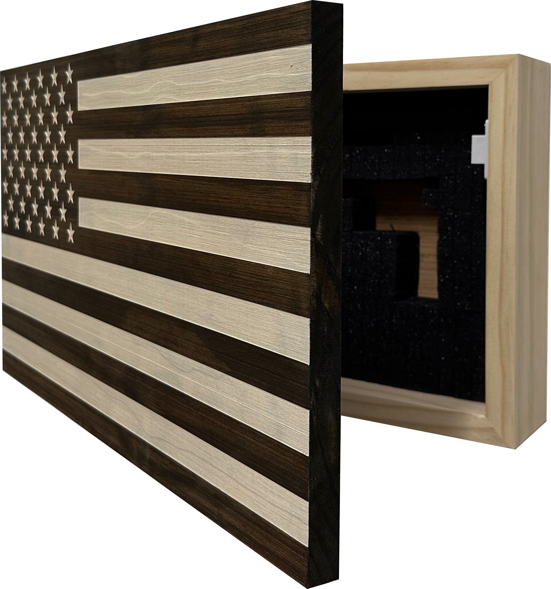 Dark Walnut American Flag Decorative Wall-Mounted Gun Cabinet partial open