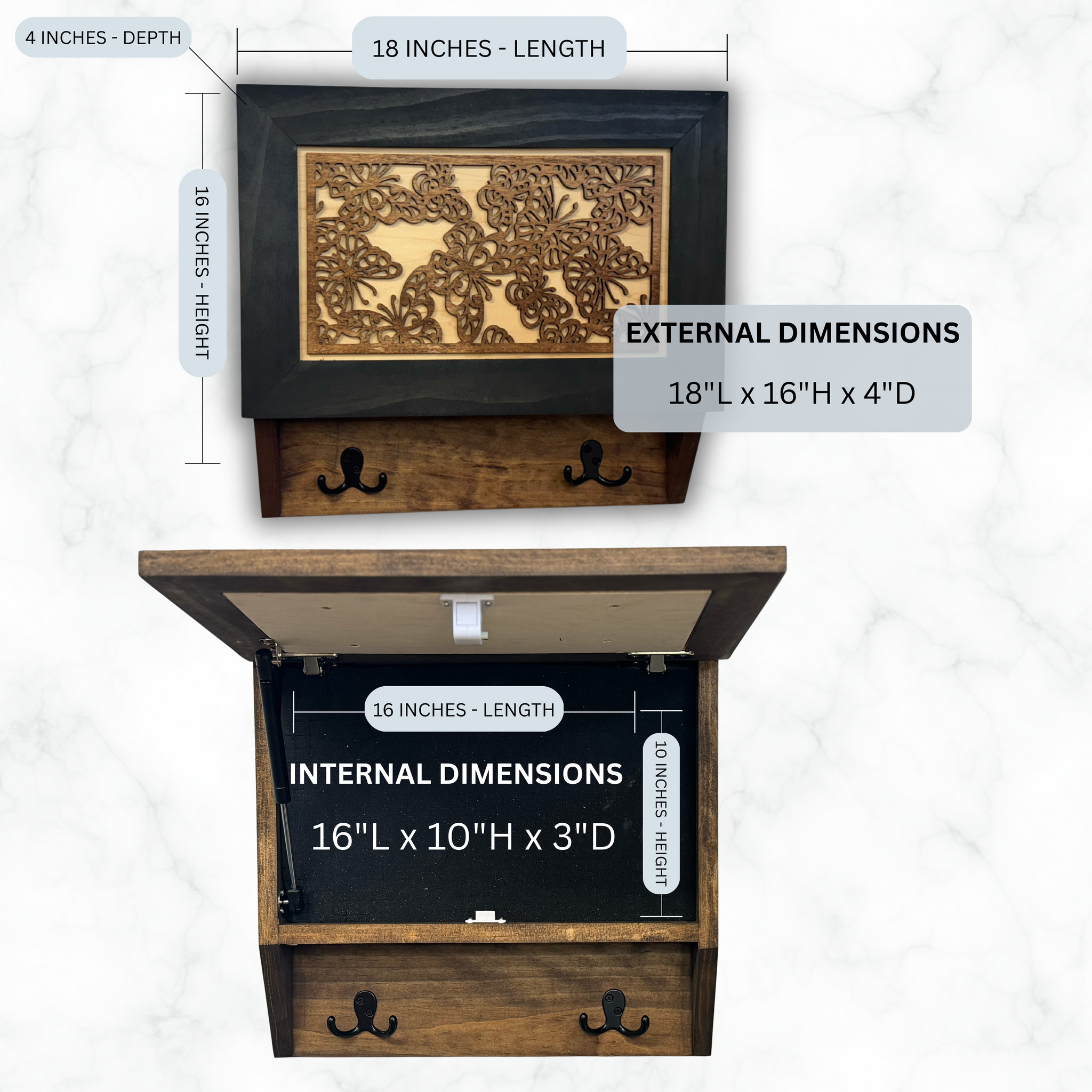 Decorative Butterfly Hidden Gun Cabinet Coat Rack Storage with internal and external dimensions 