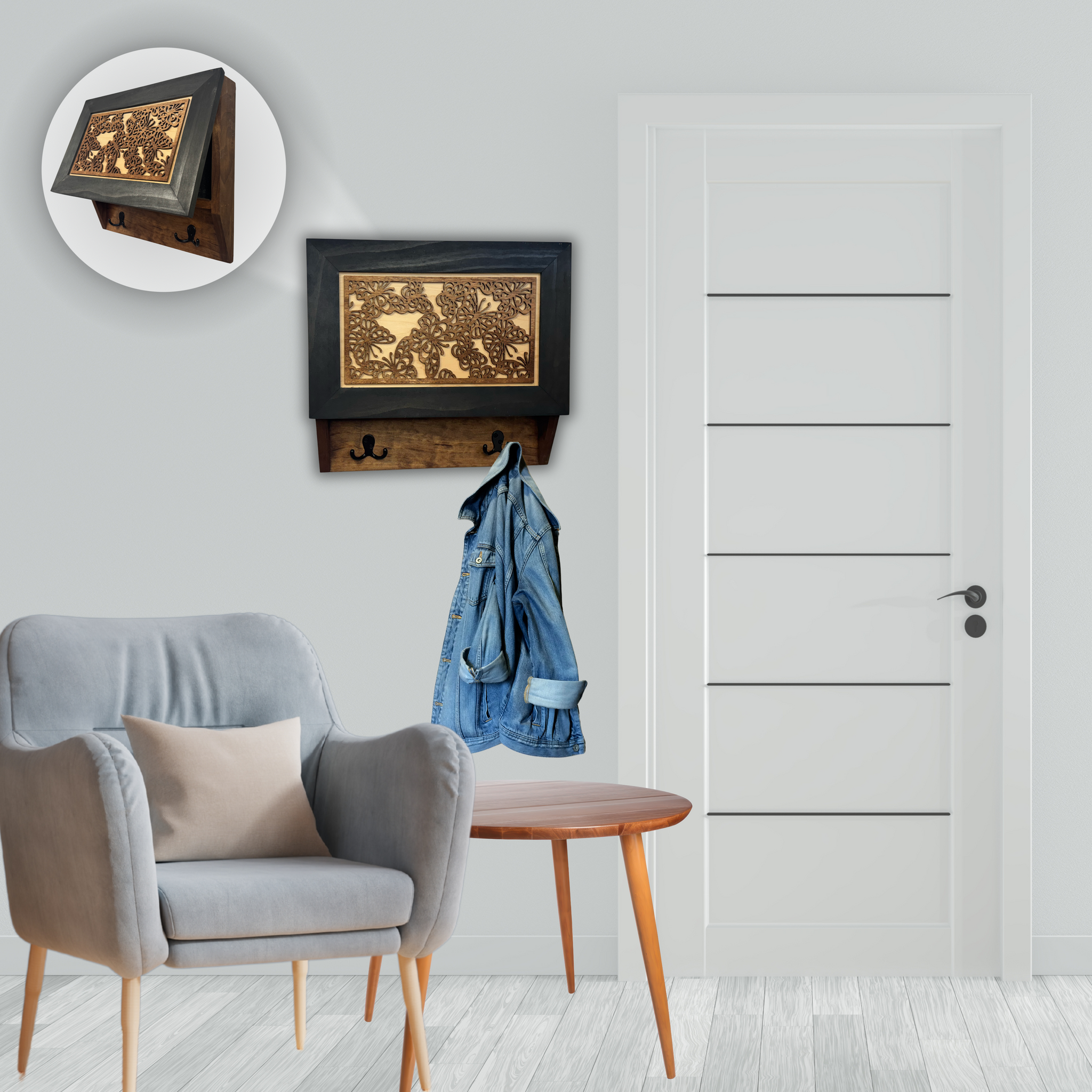 Decorative Butterfly Hidden Gun Cabinet Coat Rack with Storage and Concealment