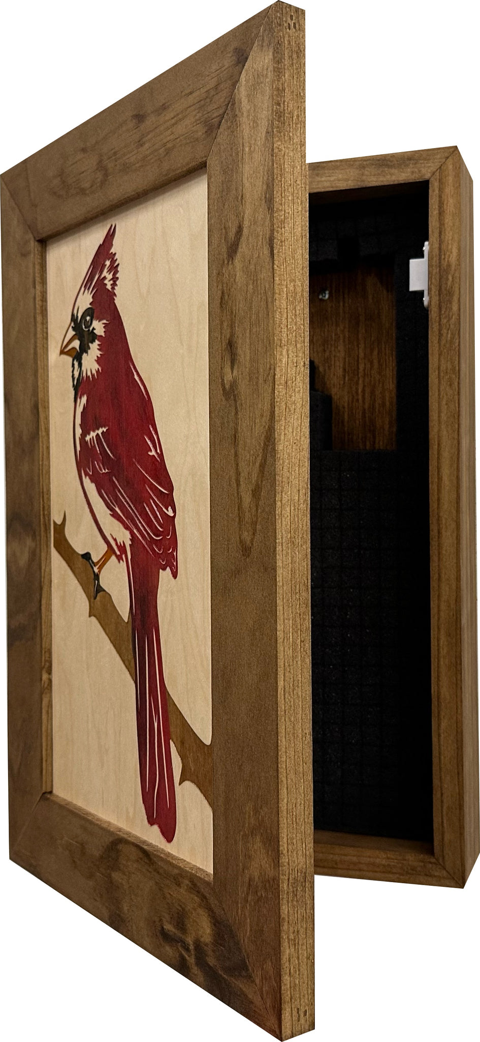 Decorative Hidden Gun Cabinet Red Cardinal Bird Wall Art partial open