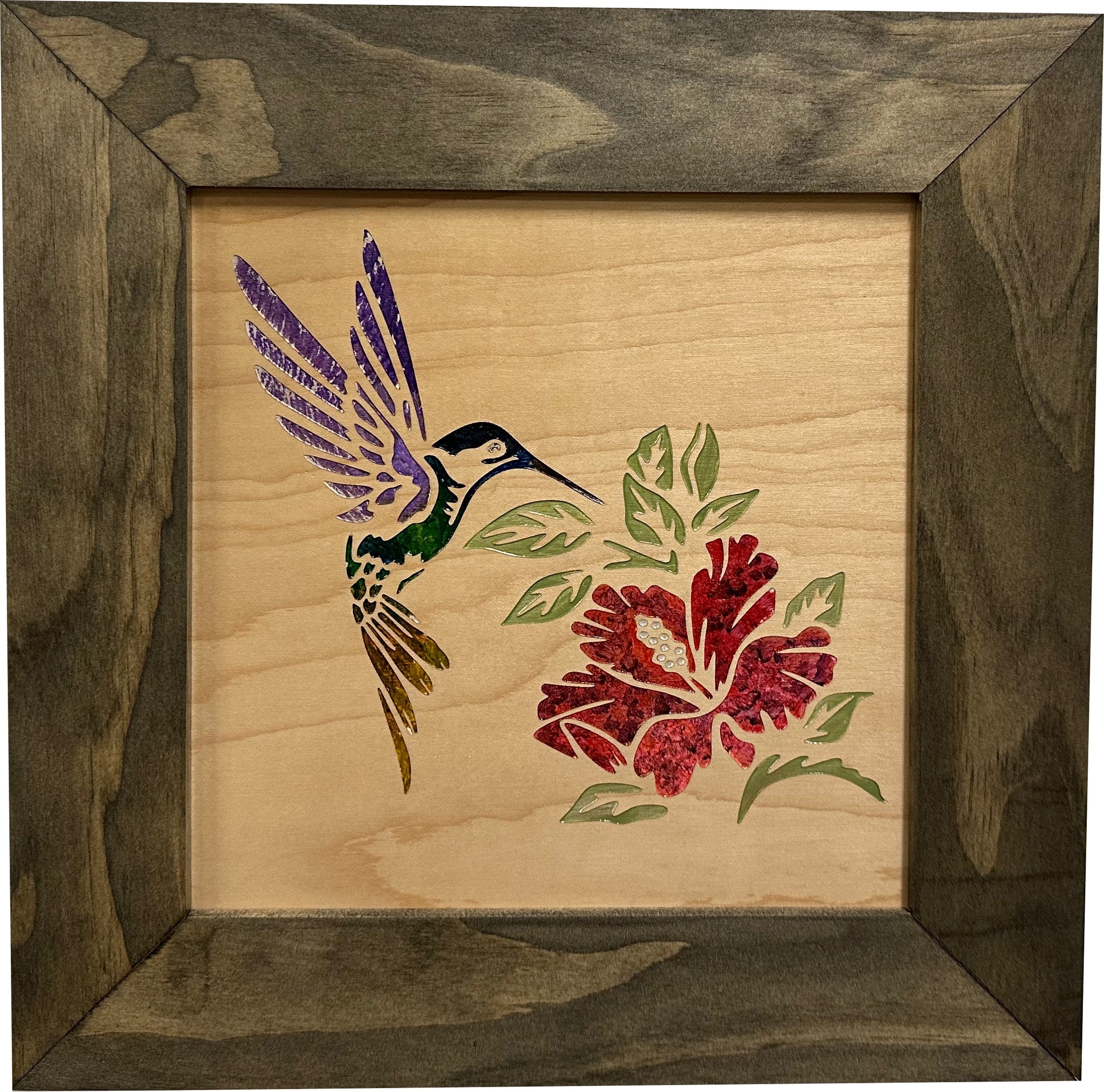 Decorative Wooden Gun Safe with Hummingbird and Hibiscus close view
