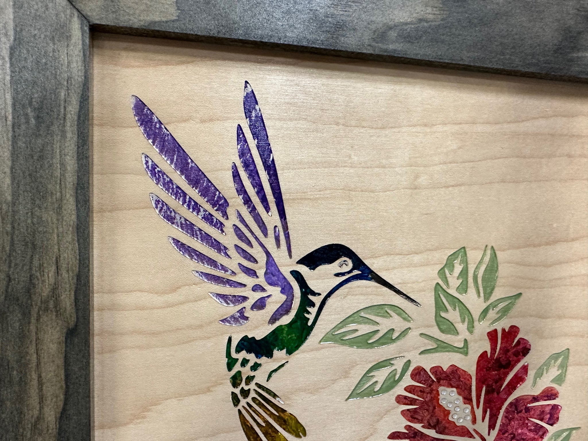 Decorative Wooden Gun Safe with Hummingbird and Hibiscus close view look