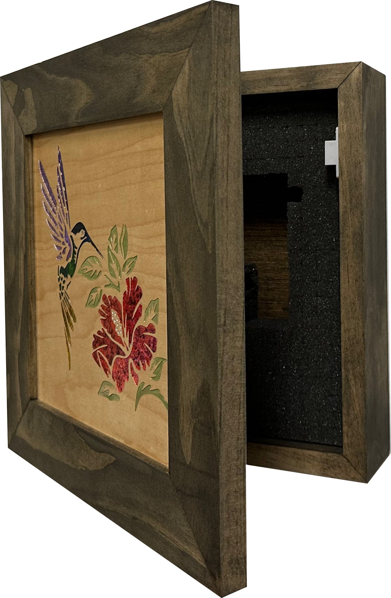 Decorative Wooden Gun Safe with Hummingbird and Hibiscus partial open