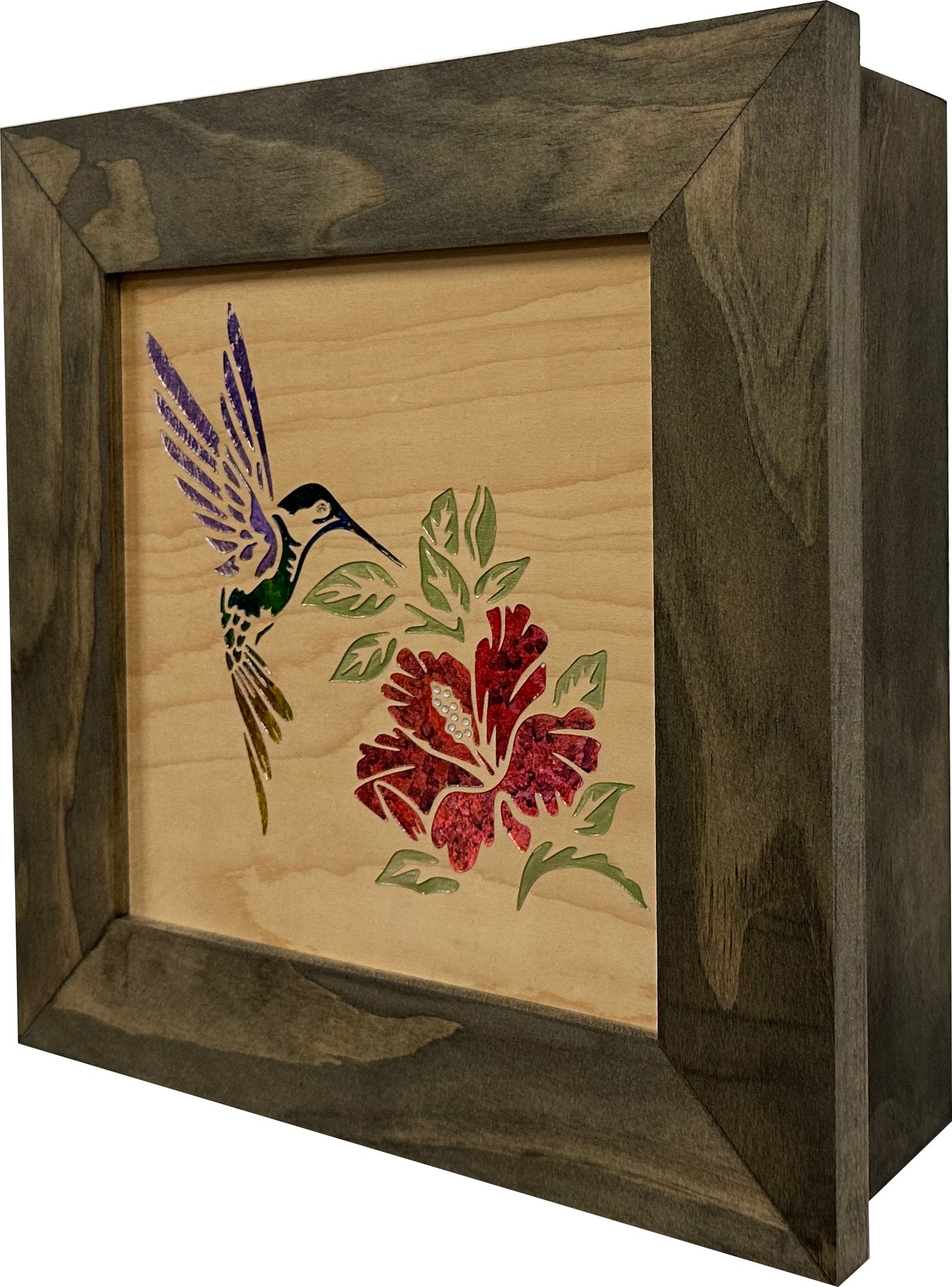 Decorative Wooden Gun Safe with Hummingbird and Hibiscus side view