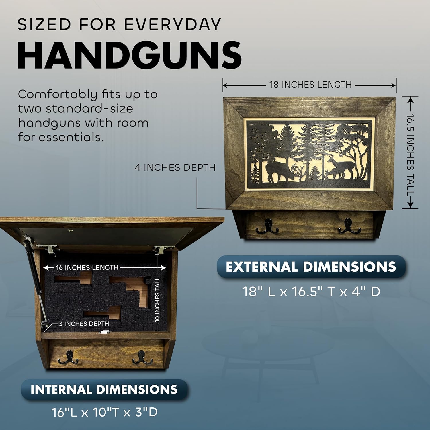 Deer Hunter Coat Rack Hidden Gun Storage with external and internal dimensions