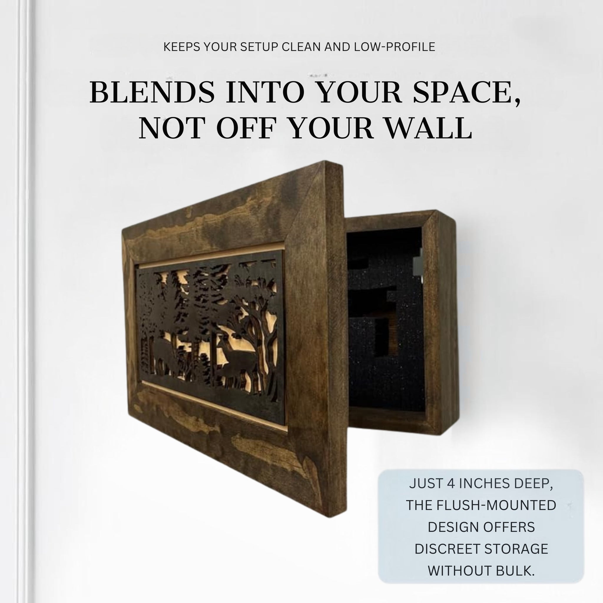 Deer Scene Wall Hidden Gun Storage Cabinet partial open view