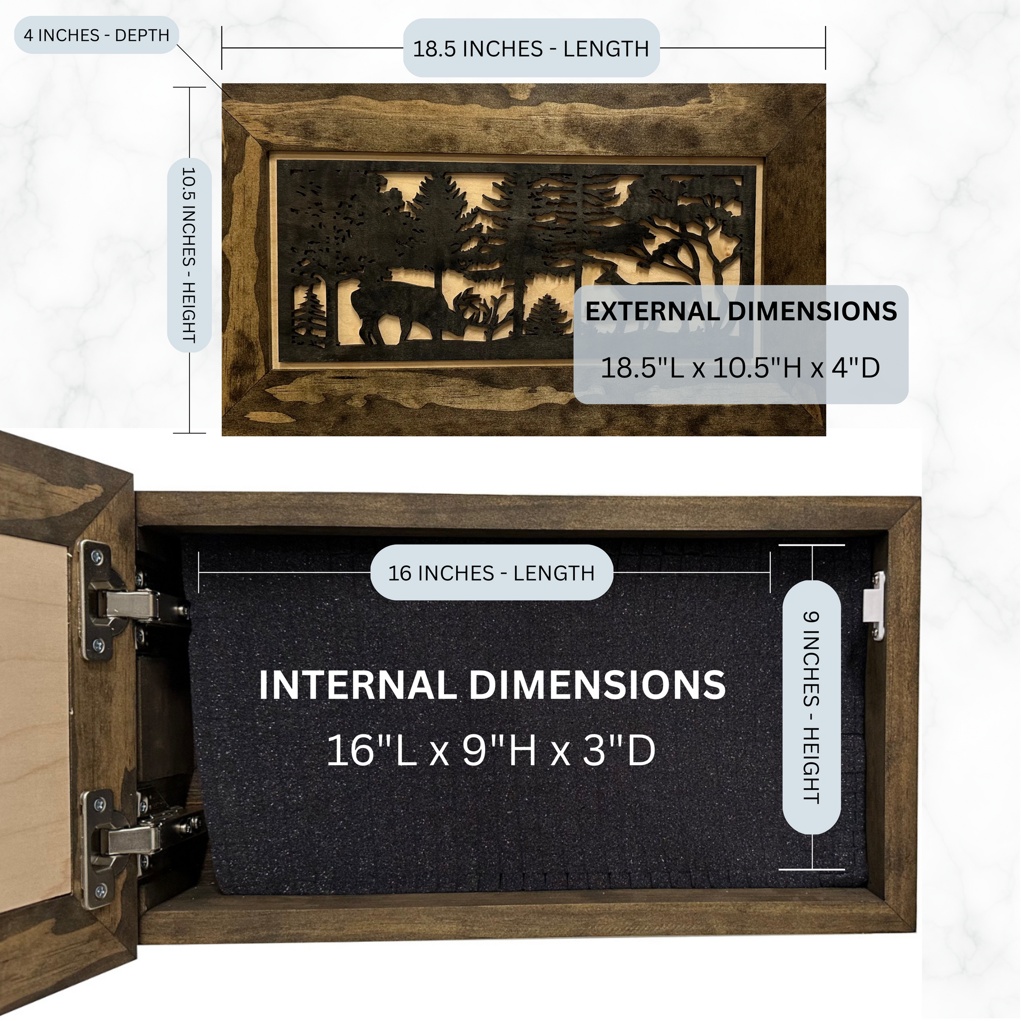Deer Scene Wall Hidden Gun Storage Cabinet with dimensions