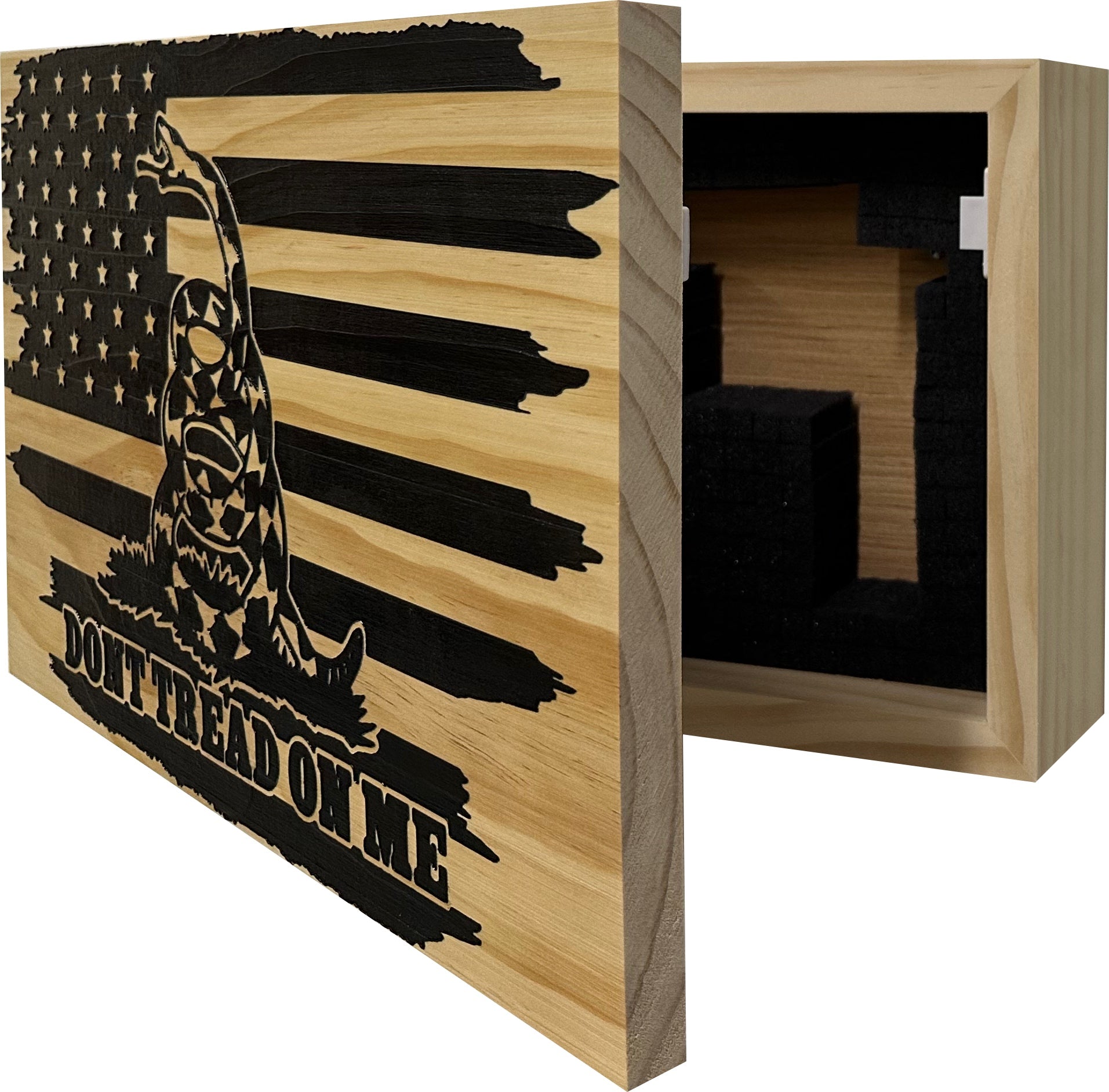 Distressed Dont Tread On Me Wall-Mounted Hidden Gun Cabinet partial open