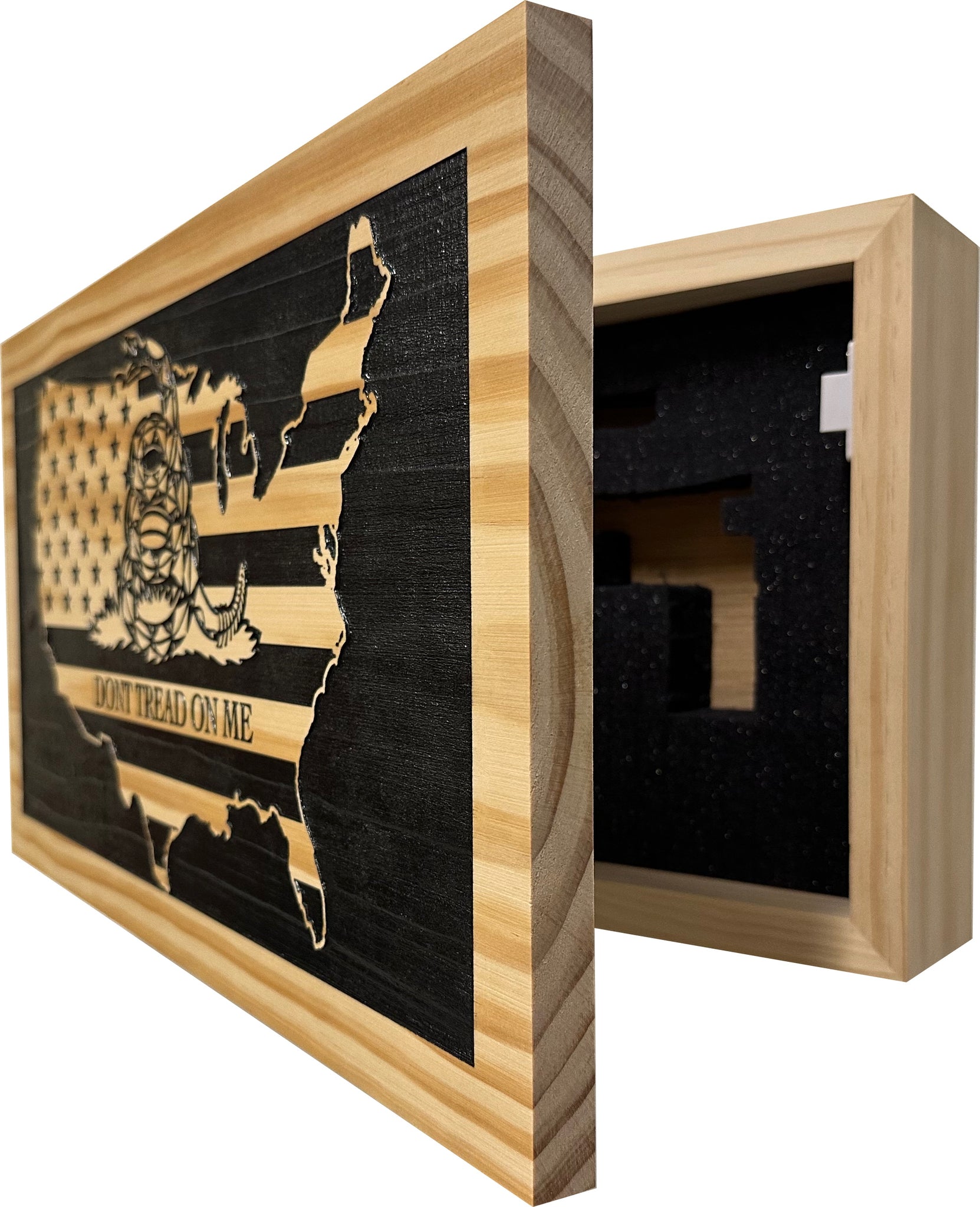 Dont Tread On Me Secure Decorative Wall-Mounted Gun Cabinet partial open