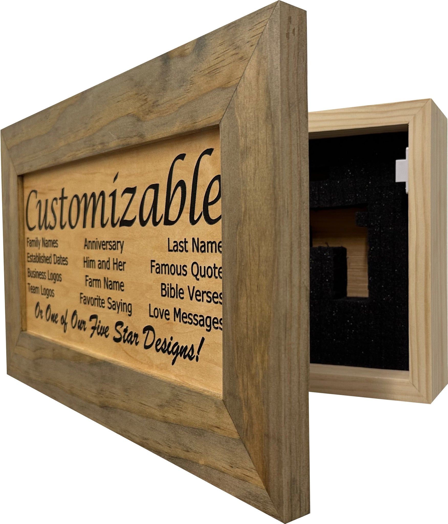 Ebony & Natural Personalized Concealed Gun Cabinet partial open