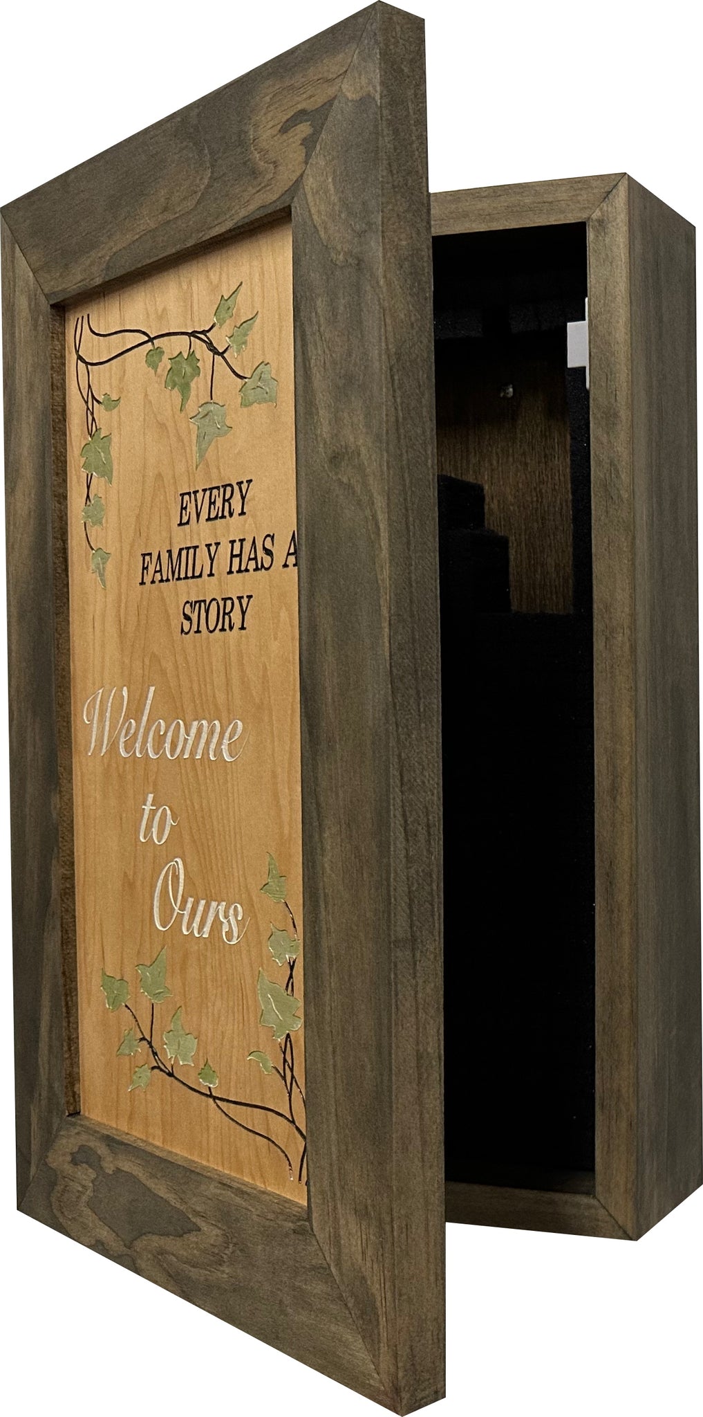 Every Family Has a Story Wooden Hidden Gun Safe Wall Decor partial open