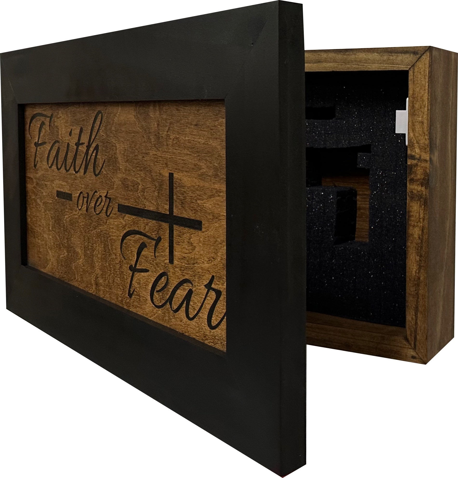 Faith Over Fear Decorative Wall-Mounted Secure Gun Cabinet partial open