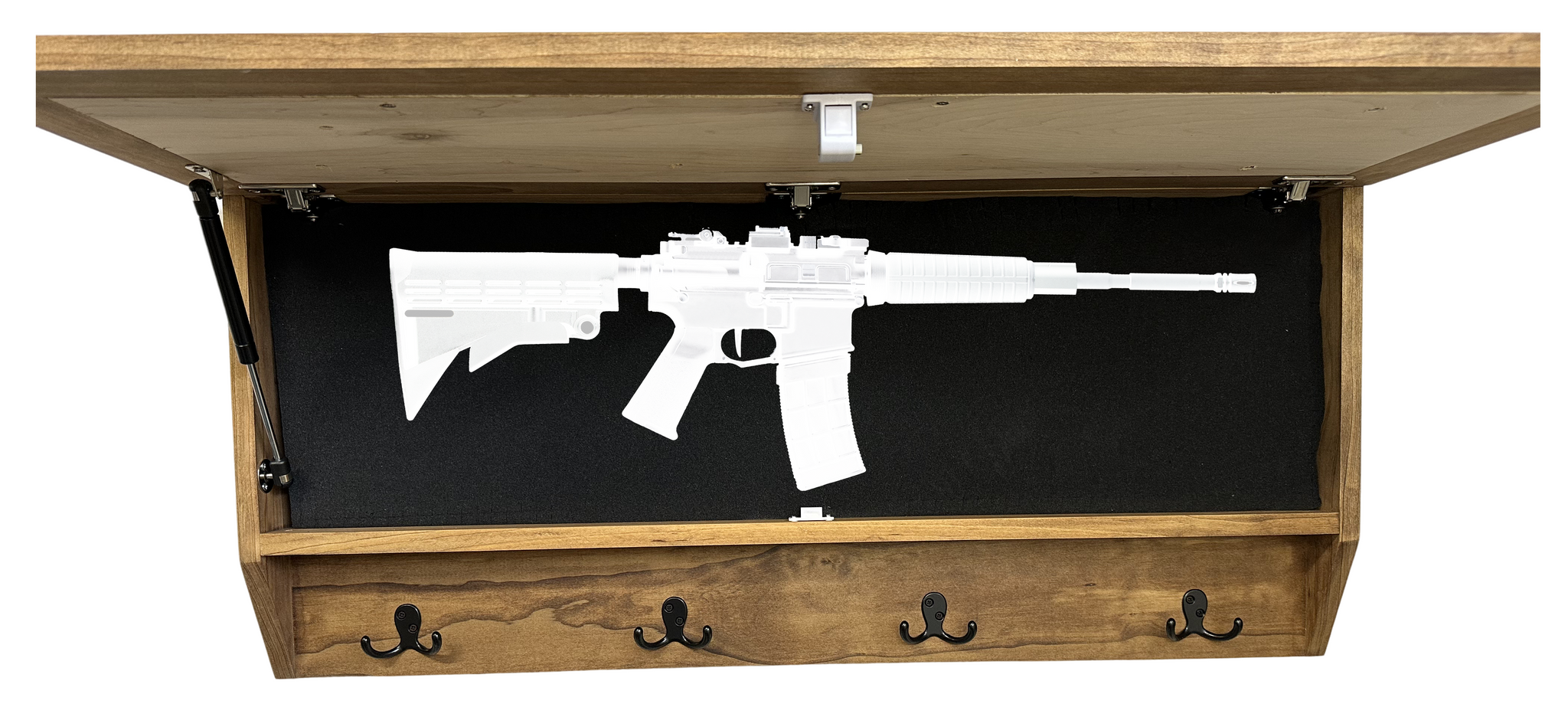Family Tree Coat Rack Gun Concealment Large Gun Cabinets with open AR Rifle illustration