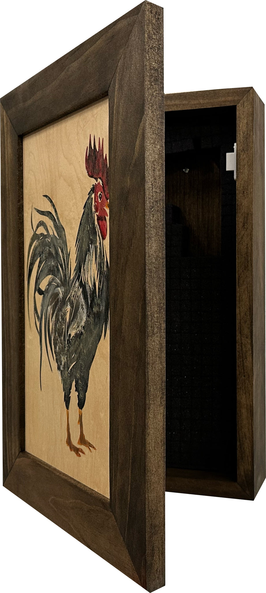 Farmhouse Rooster Art Hidden Gun Cabinet | Wall Décor Safe partial open