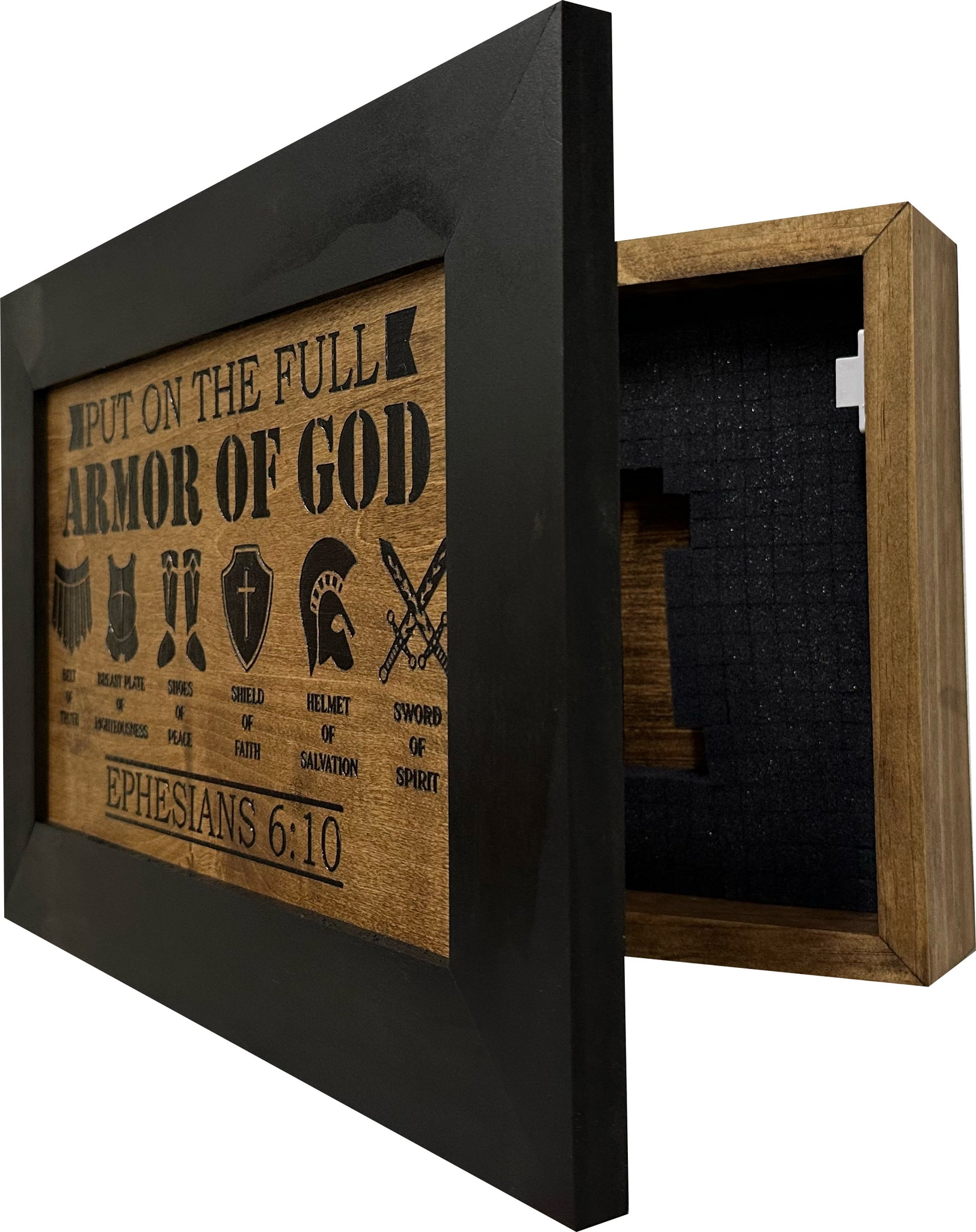 Full Armor of God Ephesians 6:10 Hidden Gun Storage Cabinet partial open