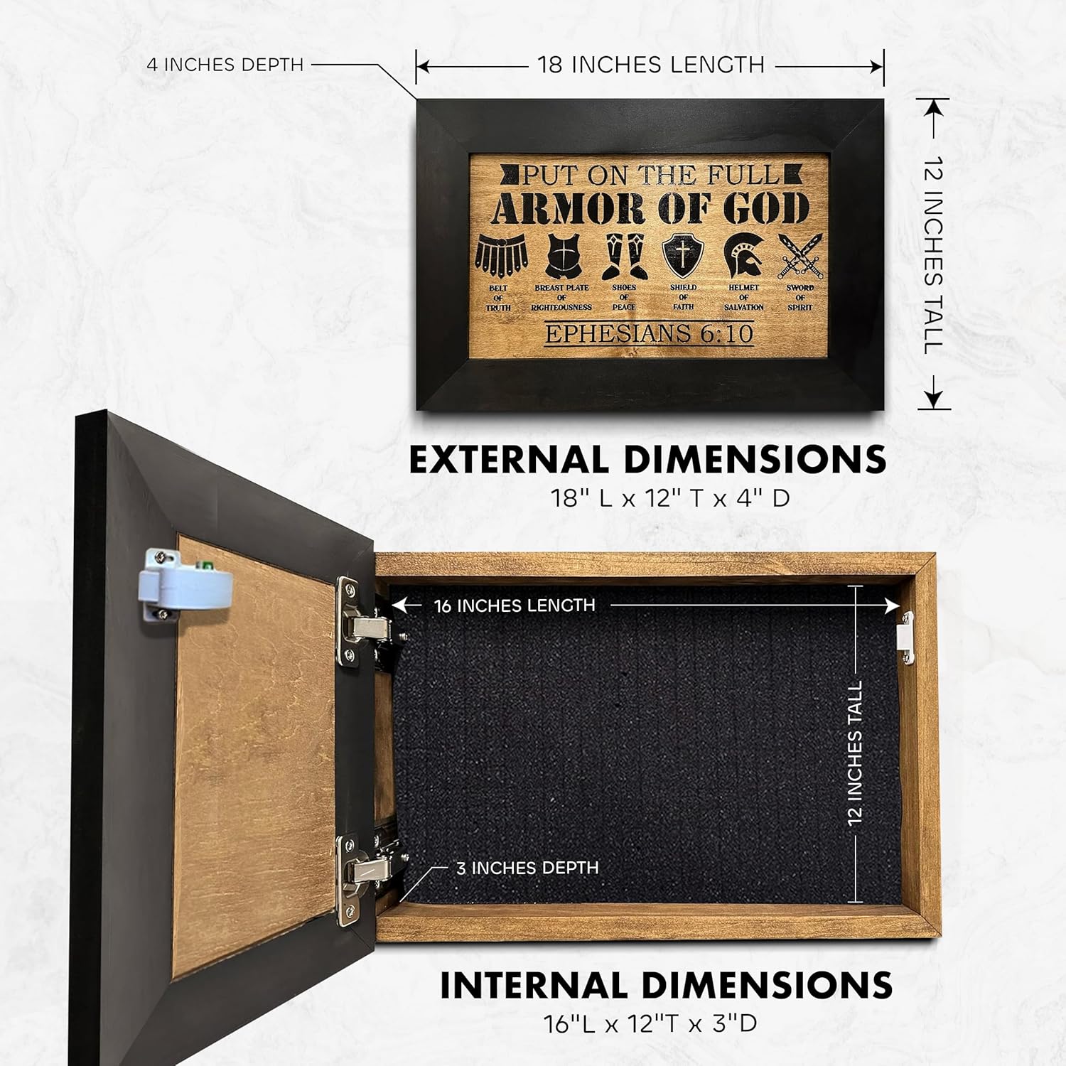 Full Armor of God Ephesians 6:10 Hidden Gun Storage Cabinet with external and internal dimensions