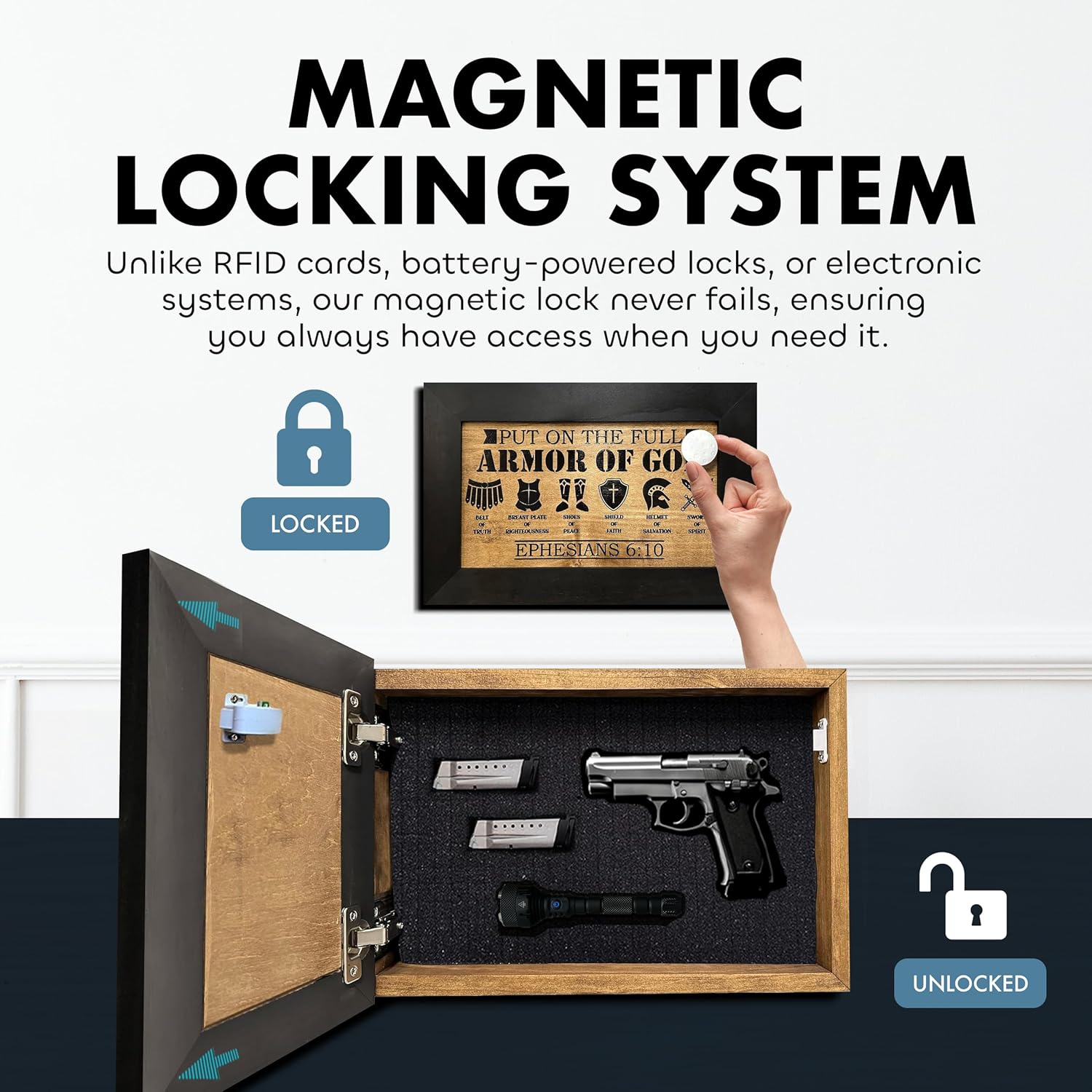 Full Armor of God Ephesians 6:10 Hidden Gun Storage Cabinet with magnetic locking system