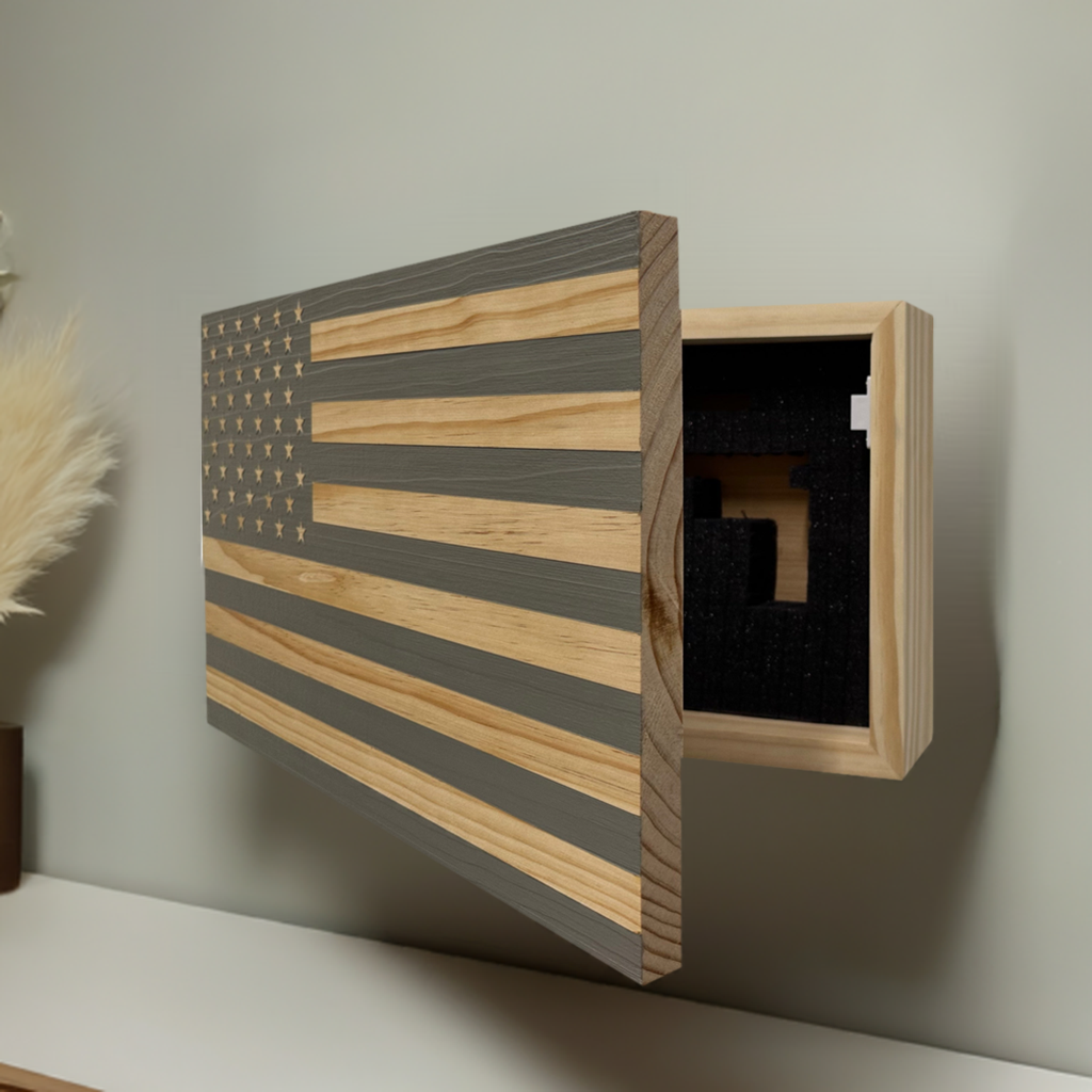 Gray American Flag Decorative Wall-Mounted Gun Cabinet Side look