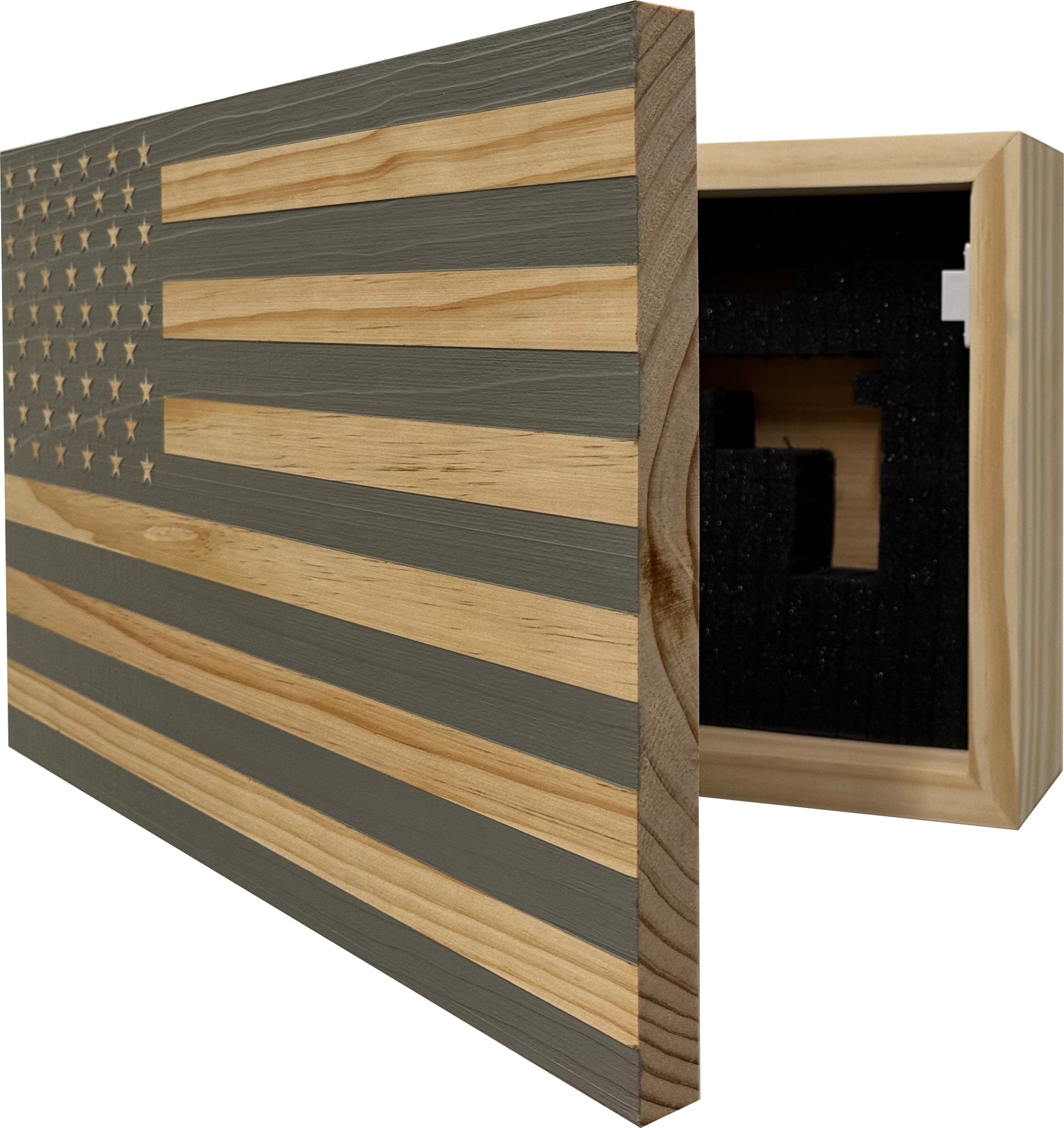 Gray American Flag Decorative Wall-Mounted Gun Cabinet partial open