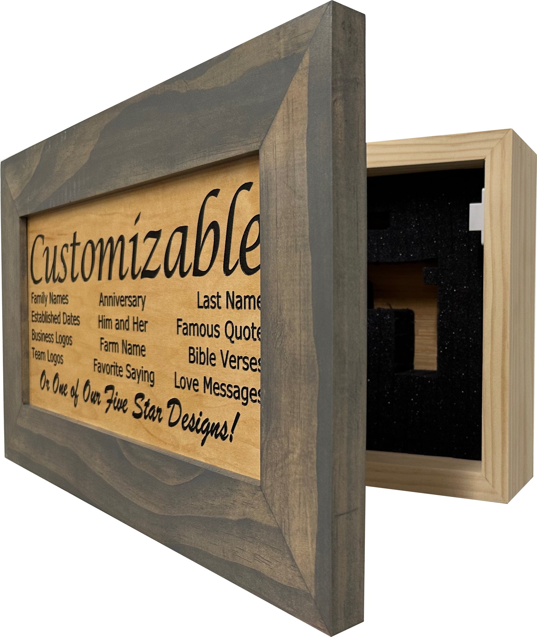 Gray & Natural Personalized Concealed Gun Cabinet partial open