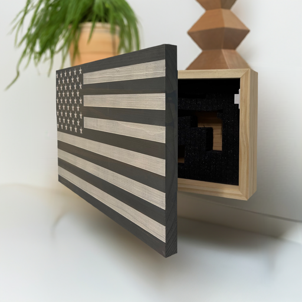 Gray & White American Flag Decorative Wall-Mounted Gun Cabinet Side Open